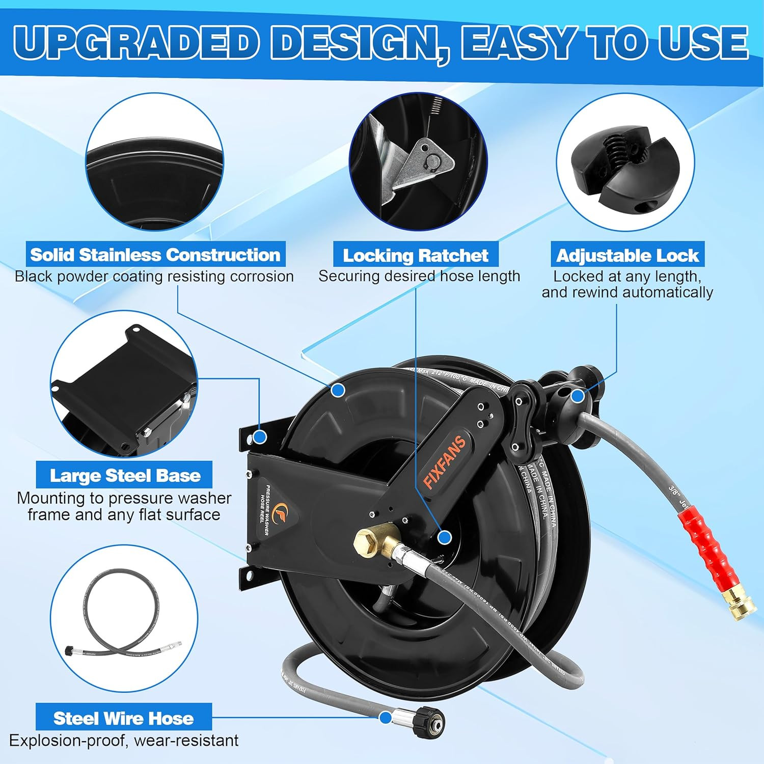 FIXFANS Pressure Washer Hose Reel with Hose for Hot and Cold Water, 3/8″ X 50 FT