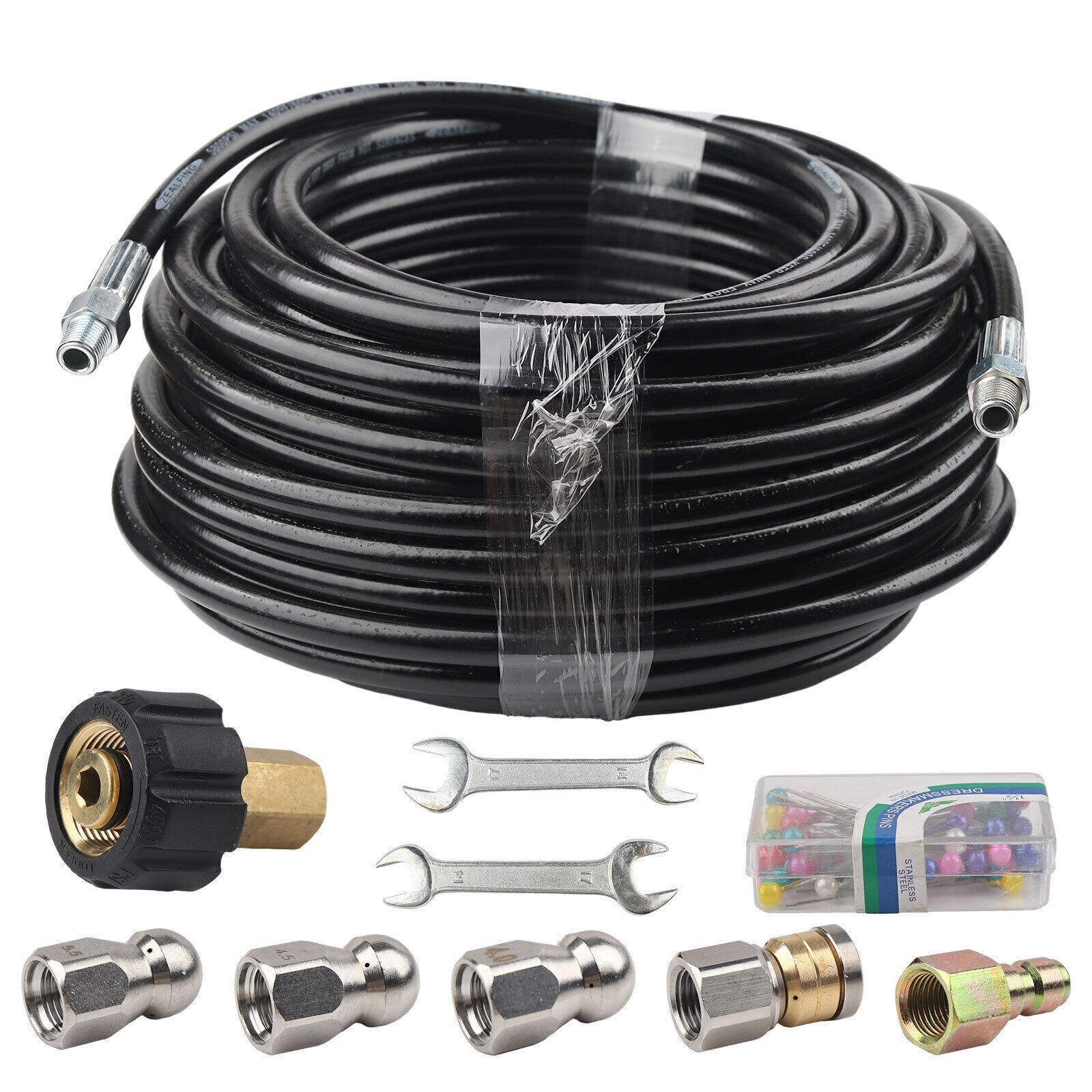 Sewer Jetter Nozzles Kit 100FT Drain Cleaning Hose for Pressure Washer 5800PSI