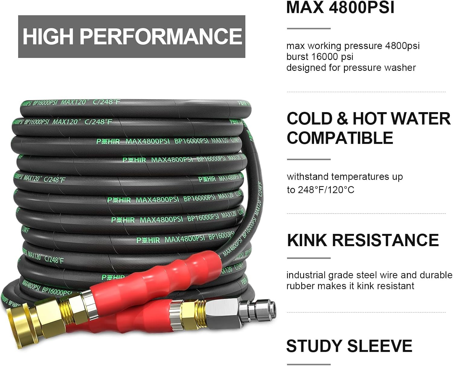 4800 PSI 3/8″ Pressure Washer Hose 50 FT with Quick Connect & 2 M22 14mm Adapter