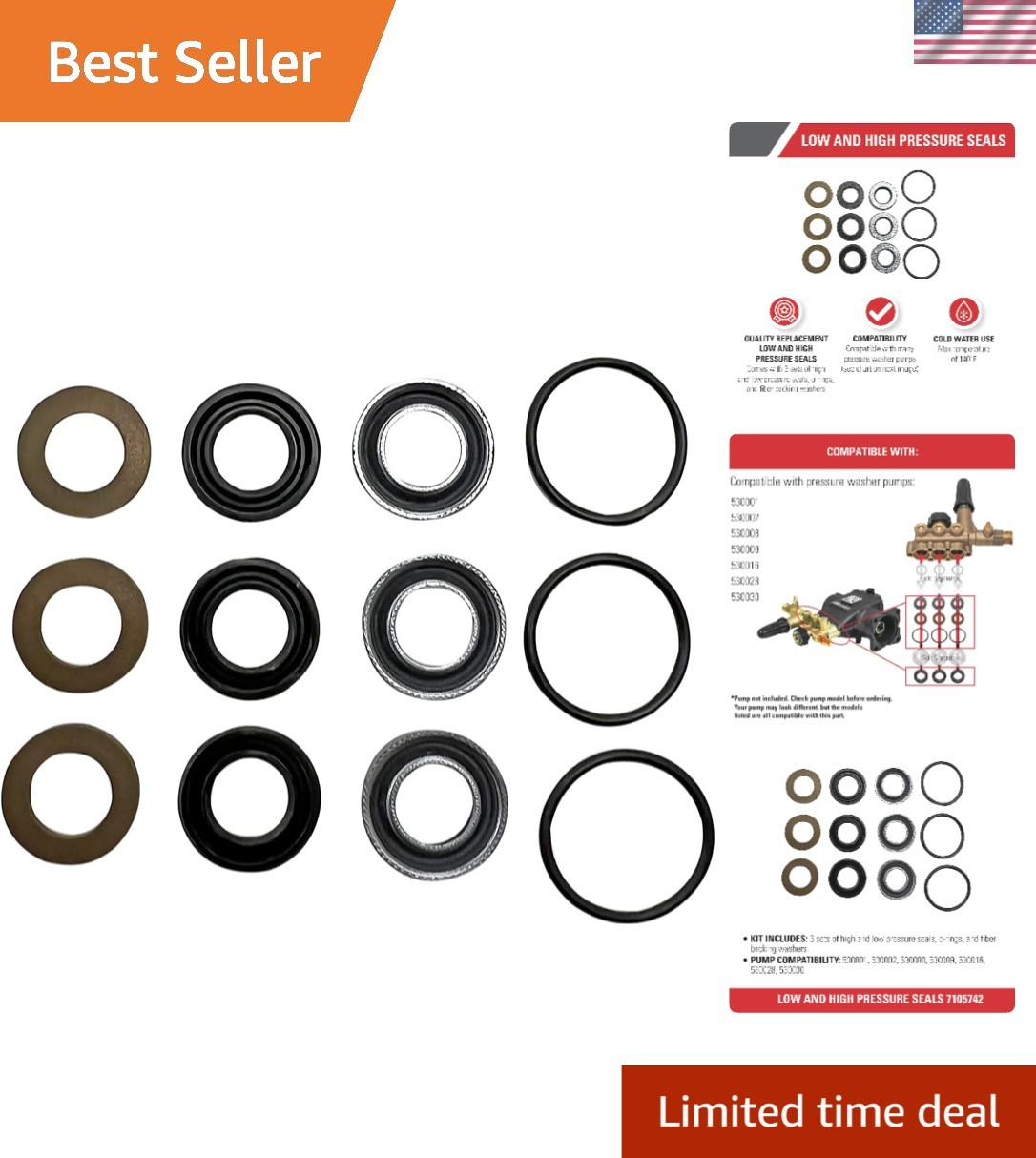 Durable Replacement Pressure Washer Seal Kit with O-Rings & Fiber Washers, Black