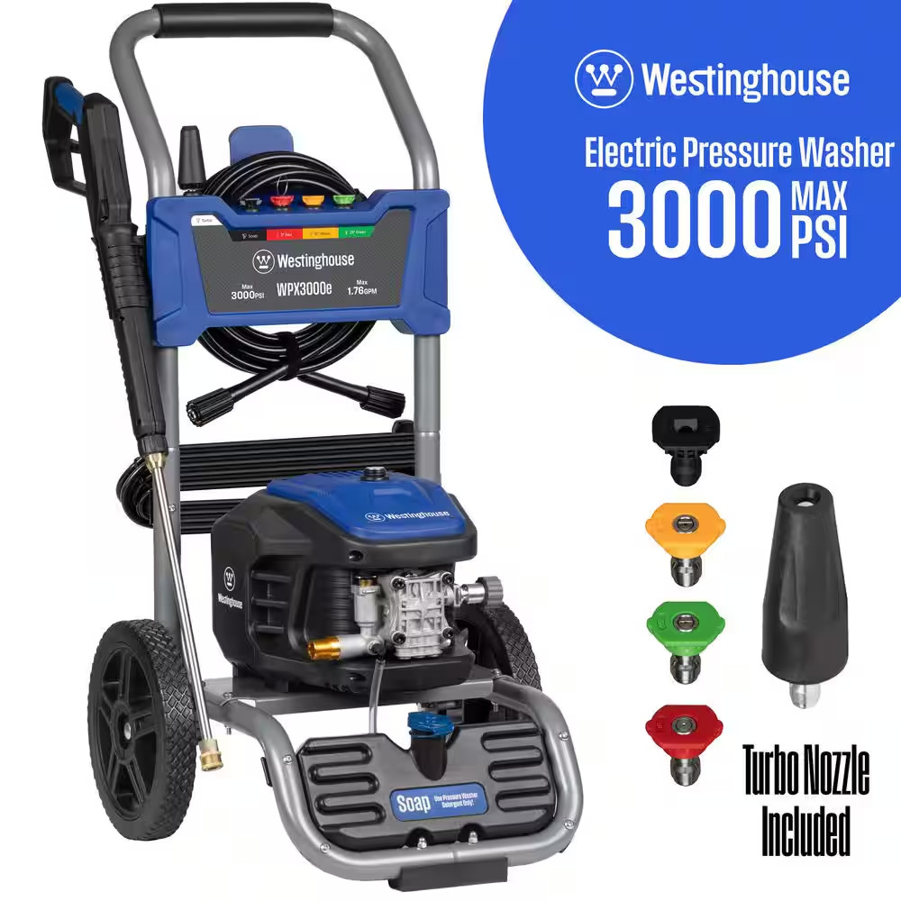 3000 Max PSI 1.76 Max GPM 13 Amp Cold Water Electric Powered Pressure Washer wit