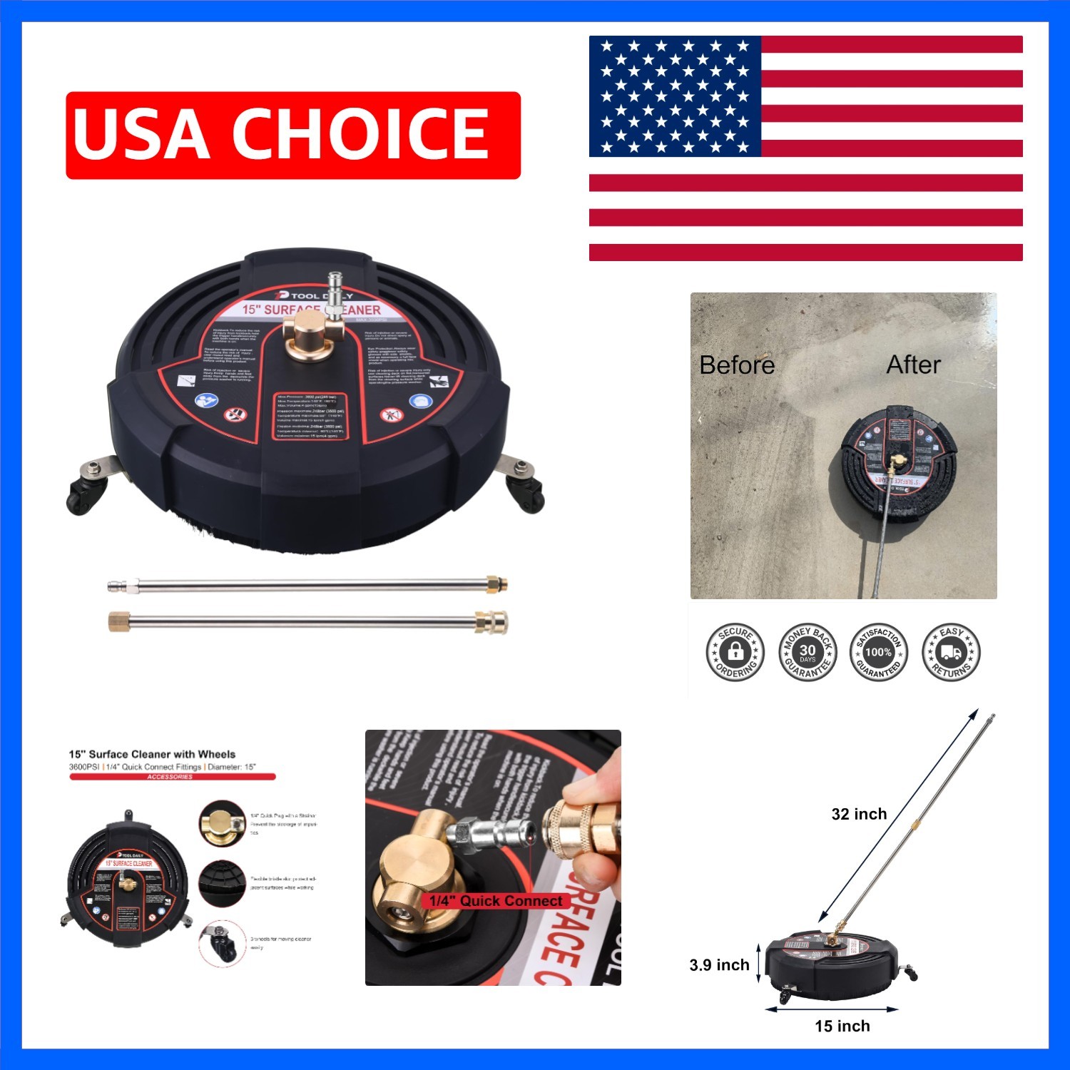 15 Inch Pressure Washer Surface Cleaner – 3600 PSI with 3 Wheels & Wands