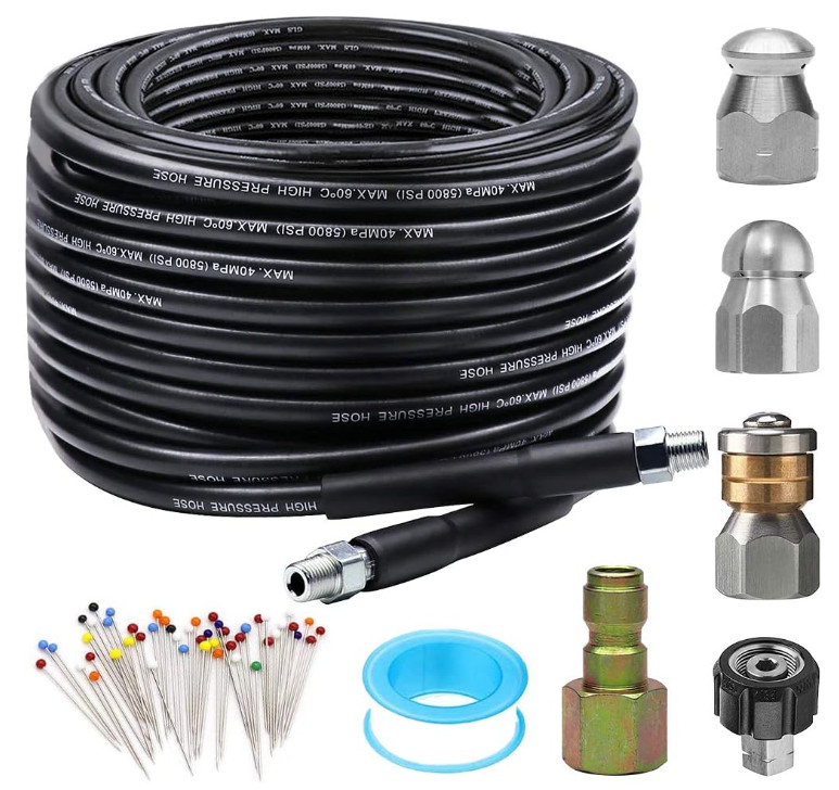 50FT 5800 PSI Pressure Washer Hose Jetter Nozzles Kit 1/4”NPT Sewer Drain R…