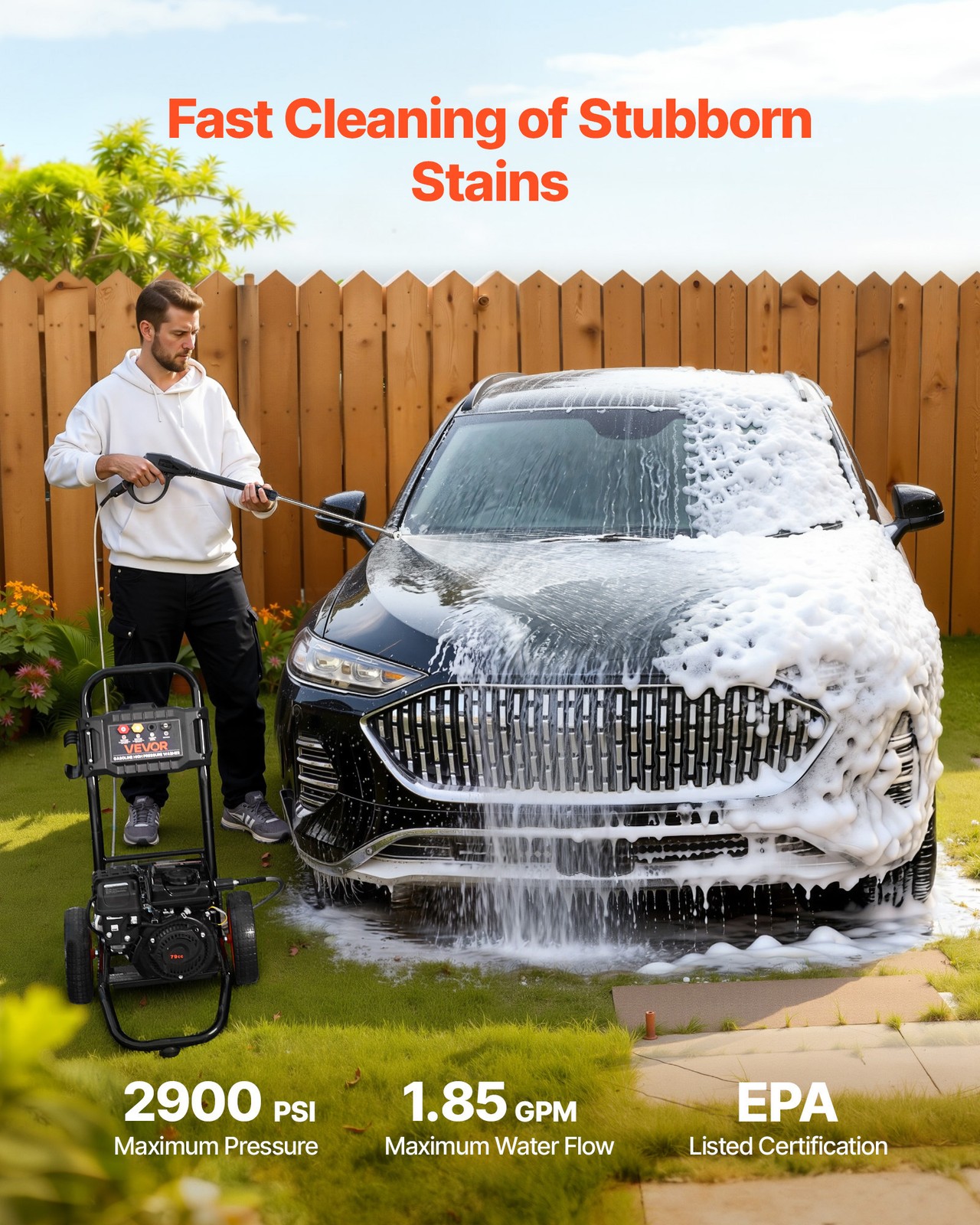 VEVOR Gas Pressure Washer 2900 PSI 1.85 GPM Aluminum Pump 4 Nozzles for Cars