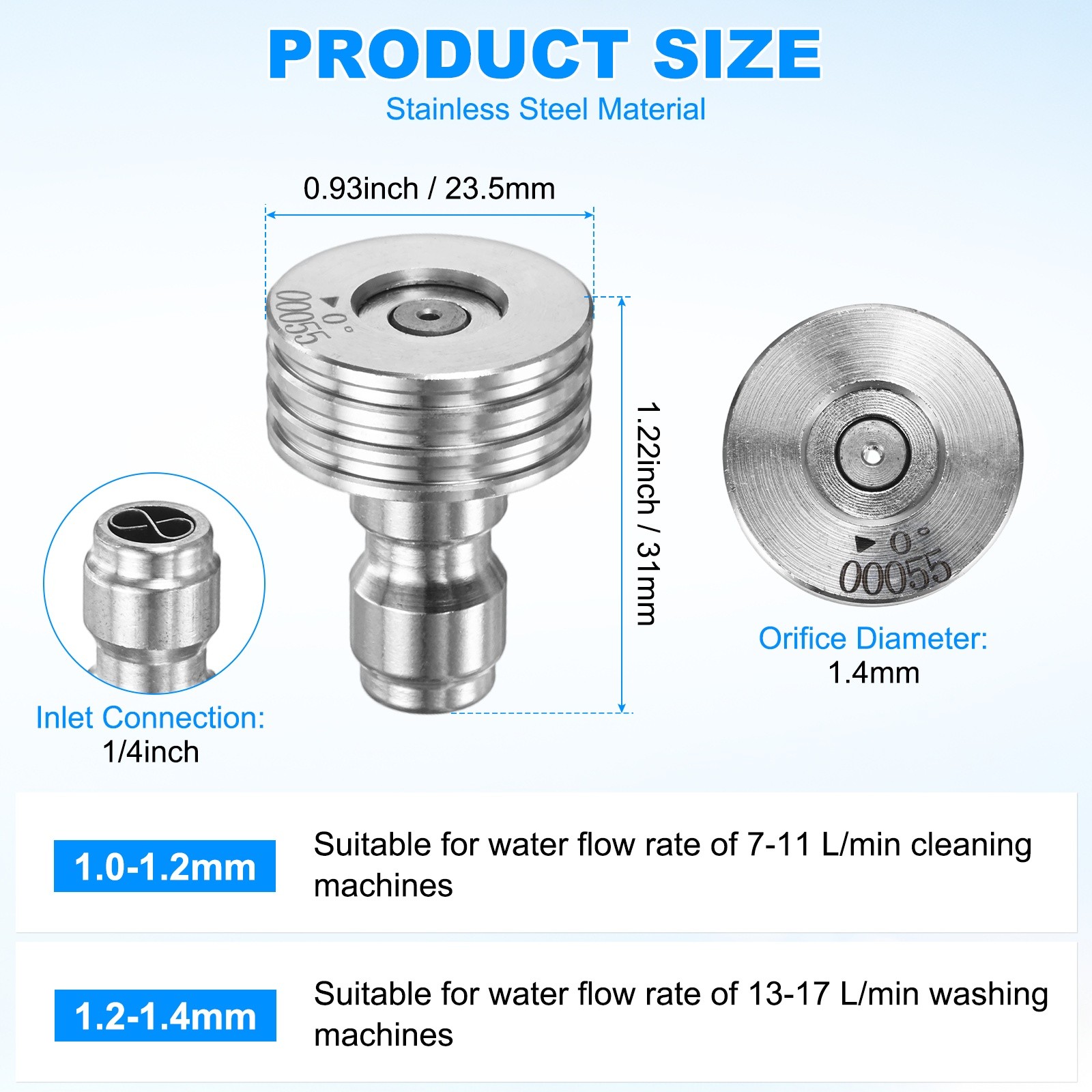 1-Pack 0 Degrees Pressure Washer Nozzle Tips, 1/4 Inch Quick Connect, 1.400mm