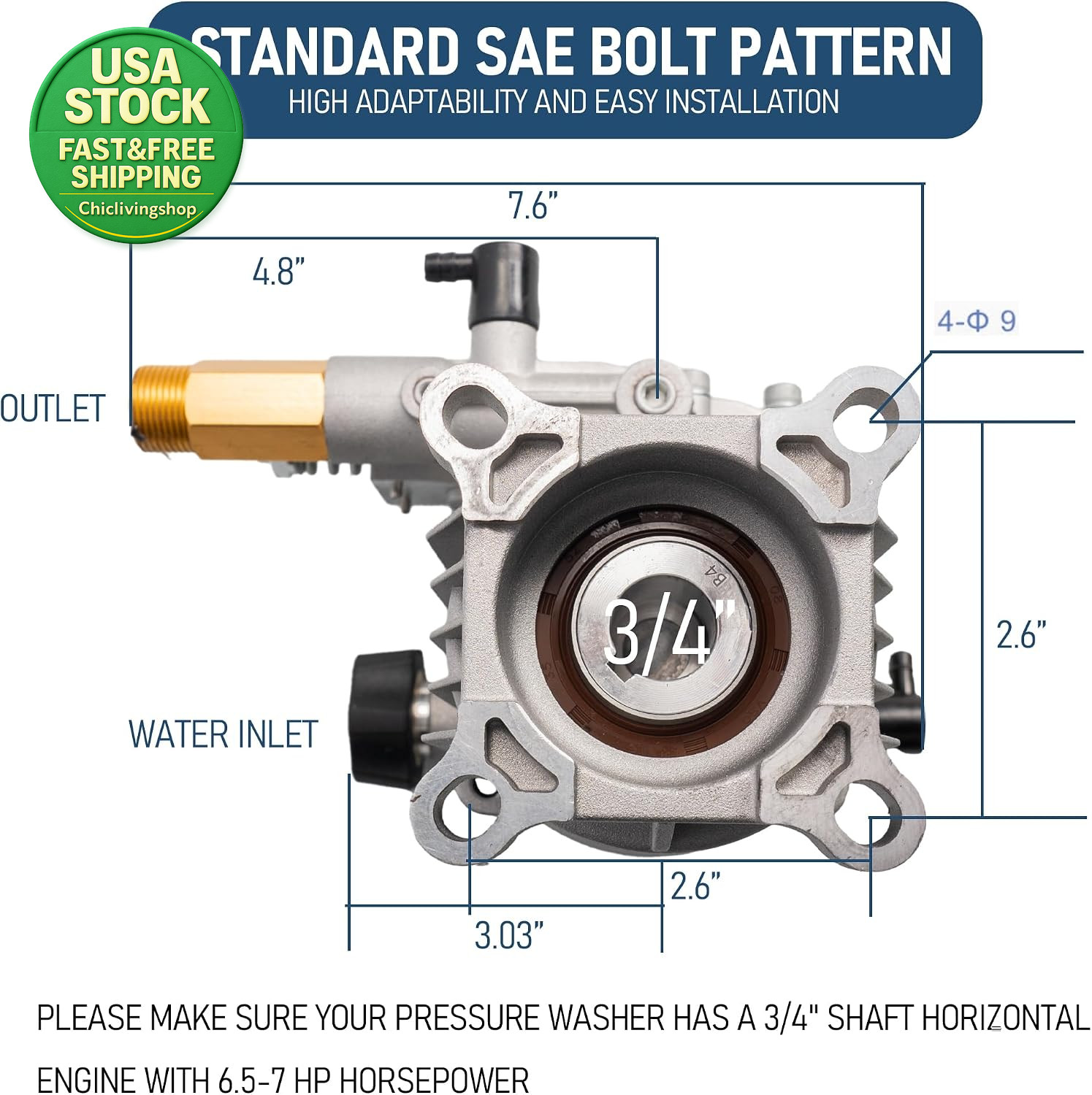 3400PSI 2.5GPM Pressure Washer Pump Replacement 3-4 Horizontal Shaft Kit