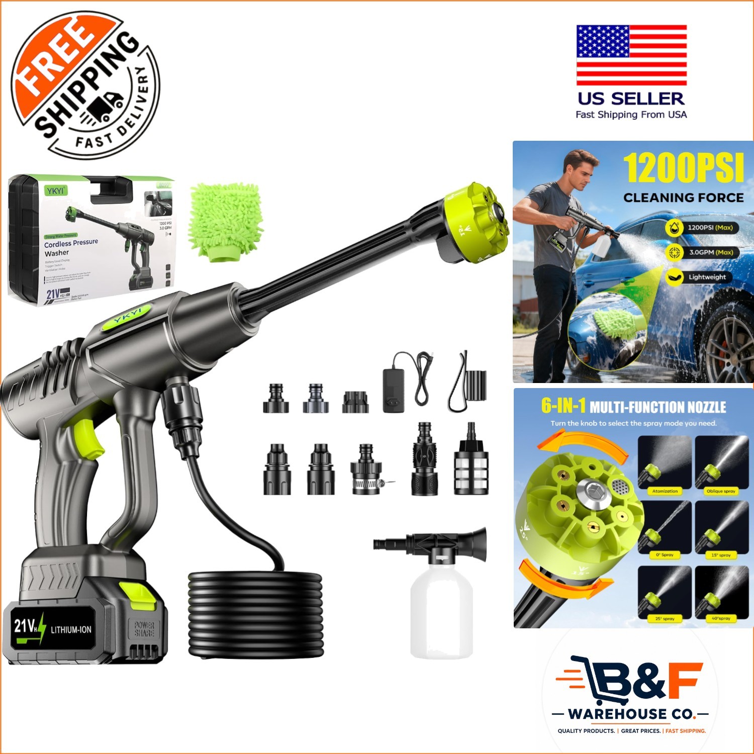 Versatile Cordless Pressure Washer – 30 Pressure Levels & Complete Cleaning Kit