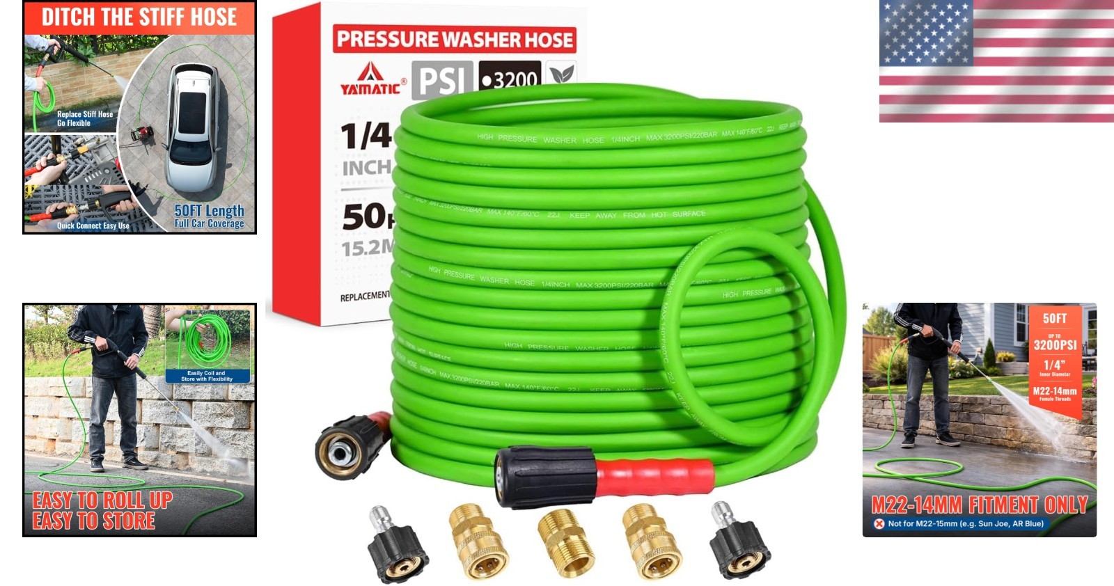 50FT Kink Resistant Pressure Washer Hose – 3700 PSI with Quick Connect Adapters