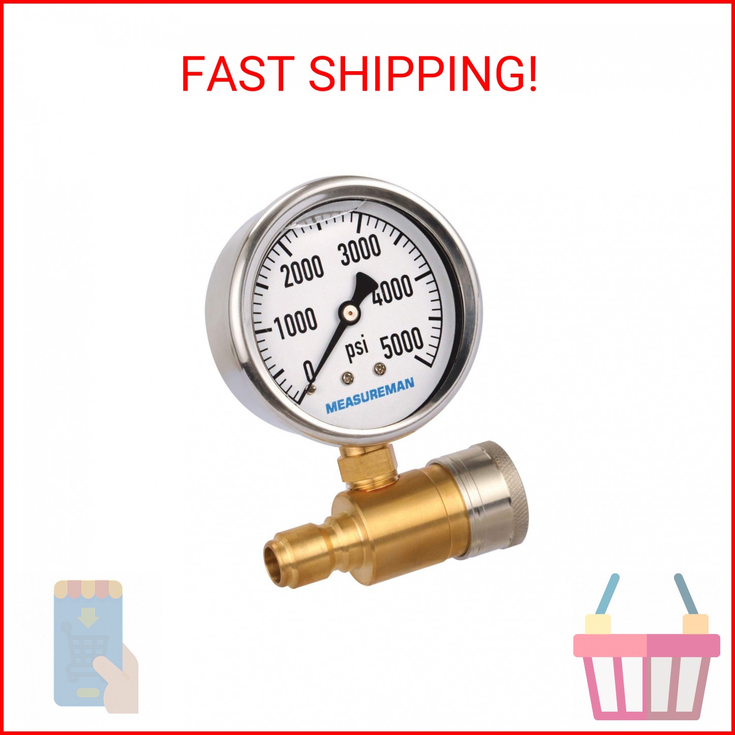 Measureman 2-1/2″ Pressure Washer Pressure Gauge Kit 3/8 Inch Quick Connect 0-50