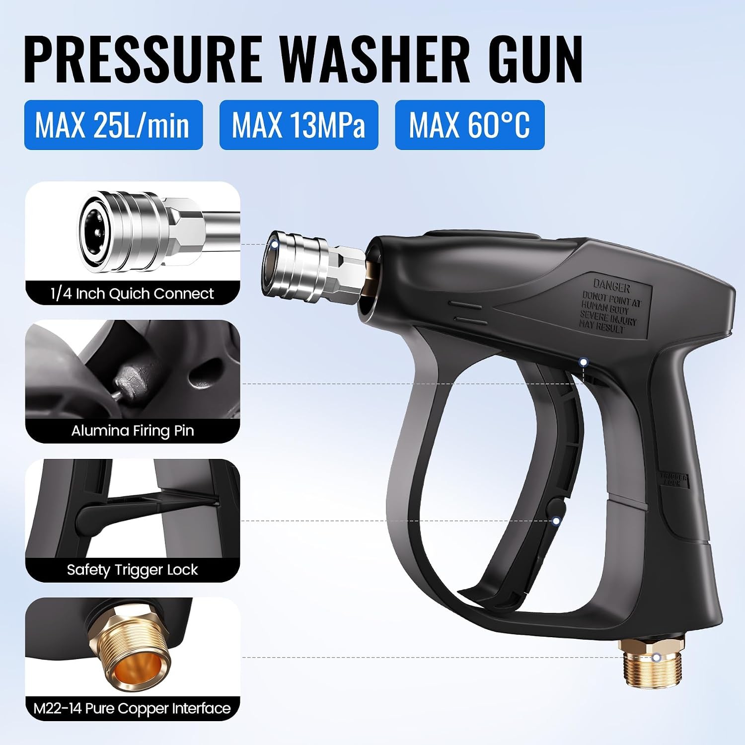 1000-3000 PSI Short Pressure Washer Gun with Foam Cannon, 1/4 Inch Quick Connect