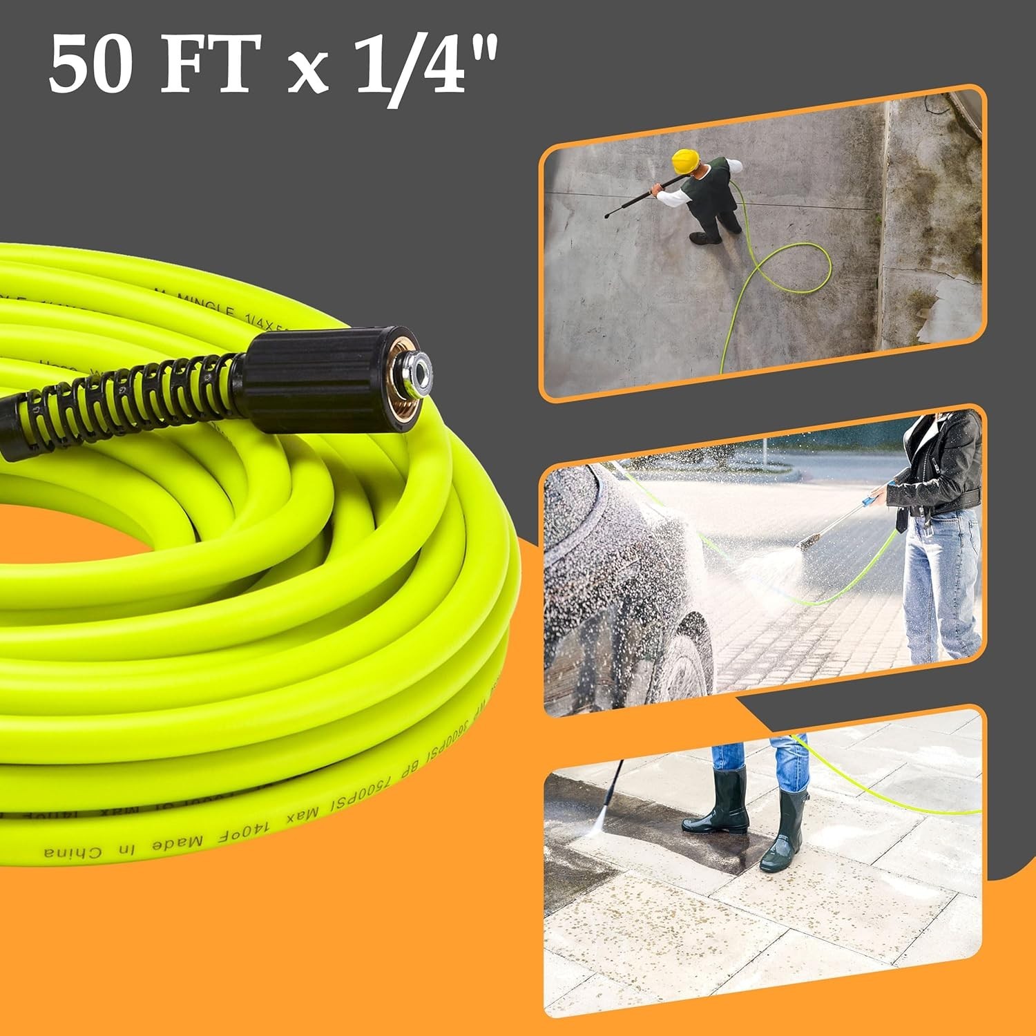 50 FT x 1/4″ Pressure Washer Hose with Secure M22 Quick-Connect Adapters