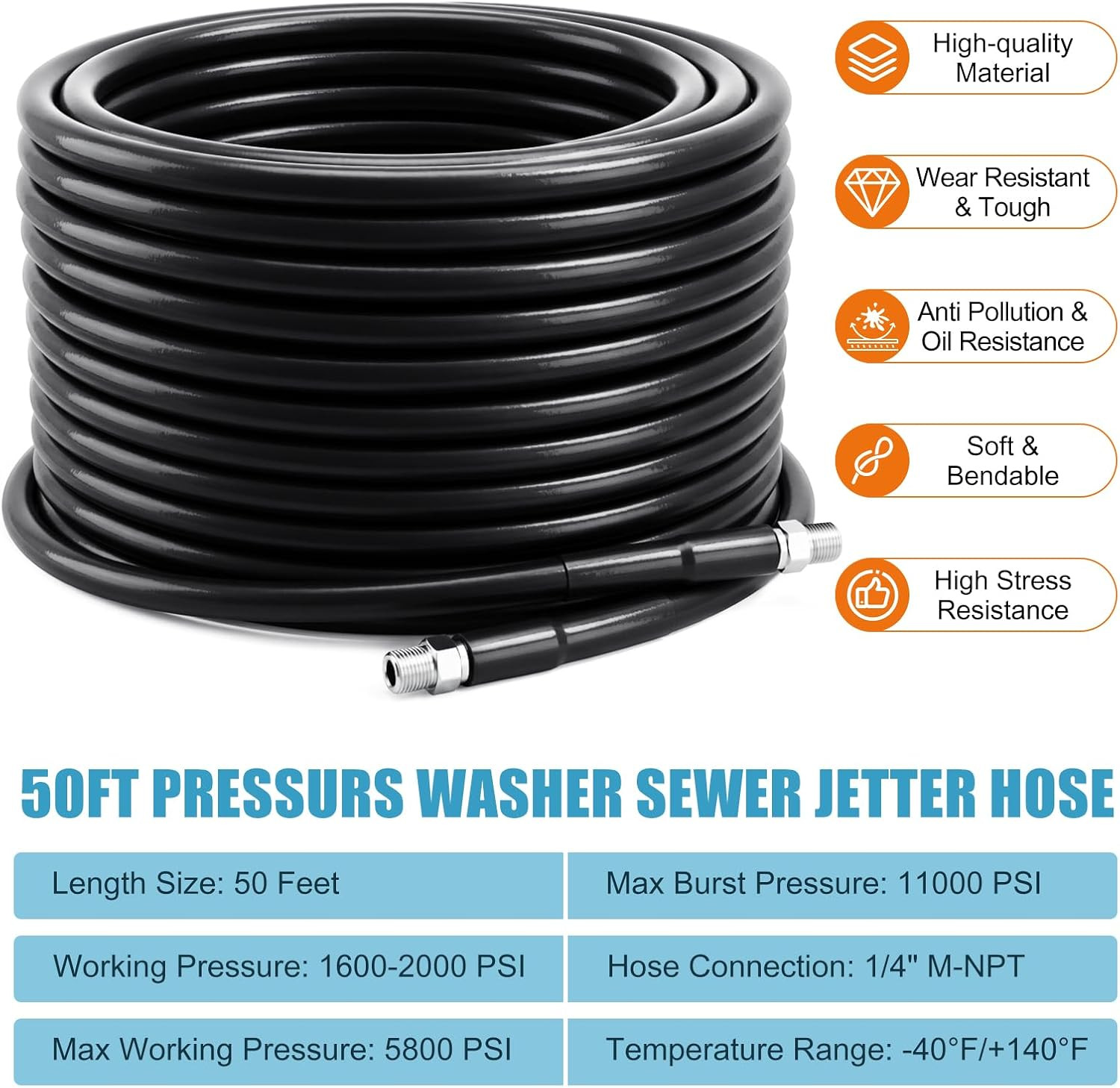 Drain Jetter Kit for Pressure Washer 50FT, 5800 PSI Sewer Jetter Hose Kit with 4