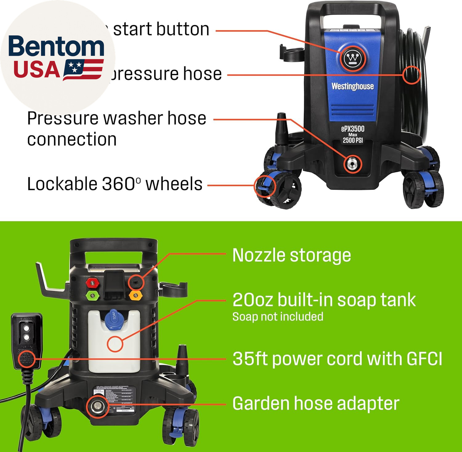 Epx3500 Electric Pressure Washer, 2500 Max PSI 1.76 Max GPM with Anti-Tipping Te