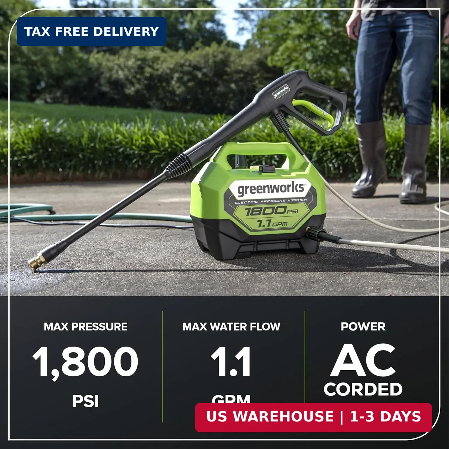 Greenworks 1800 PSI (1.1 GPM) Electric Pressure Washer PWMA Certified