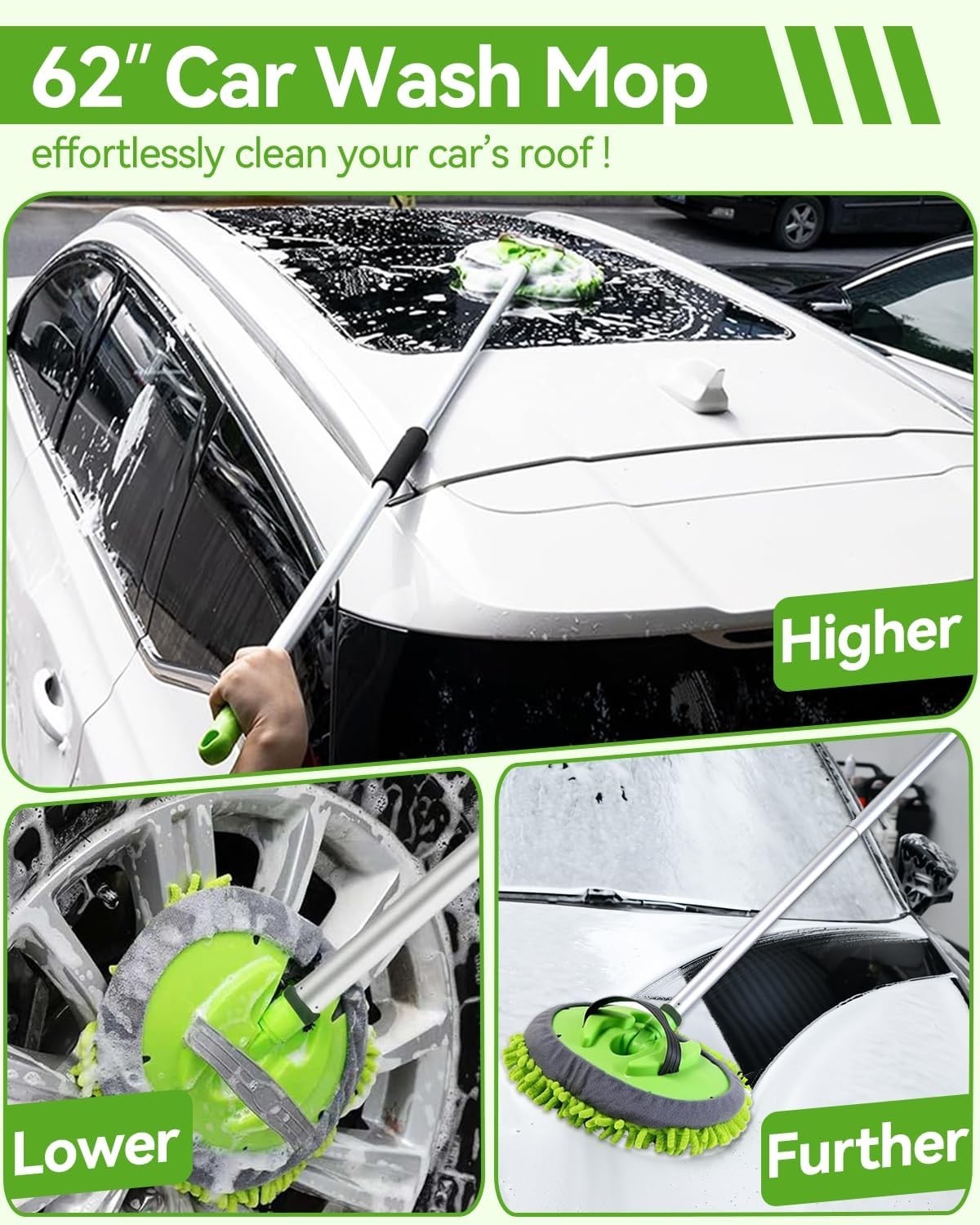 8Pcs Car Wash Kit 62” Microfiber Brush Long Handle RV Truck Cleaning