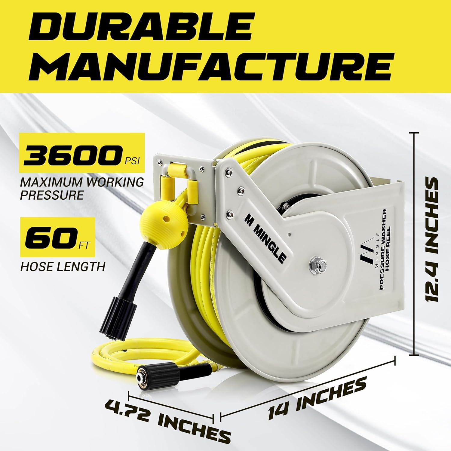 3600PSI Pressure Washer Hose Reel 1/4″ × 60ft Power Wash Auto Rewind Wall Floor