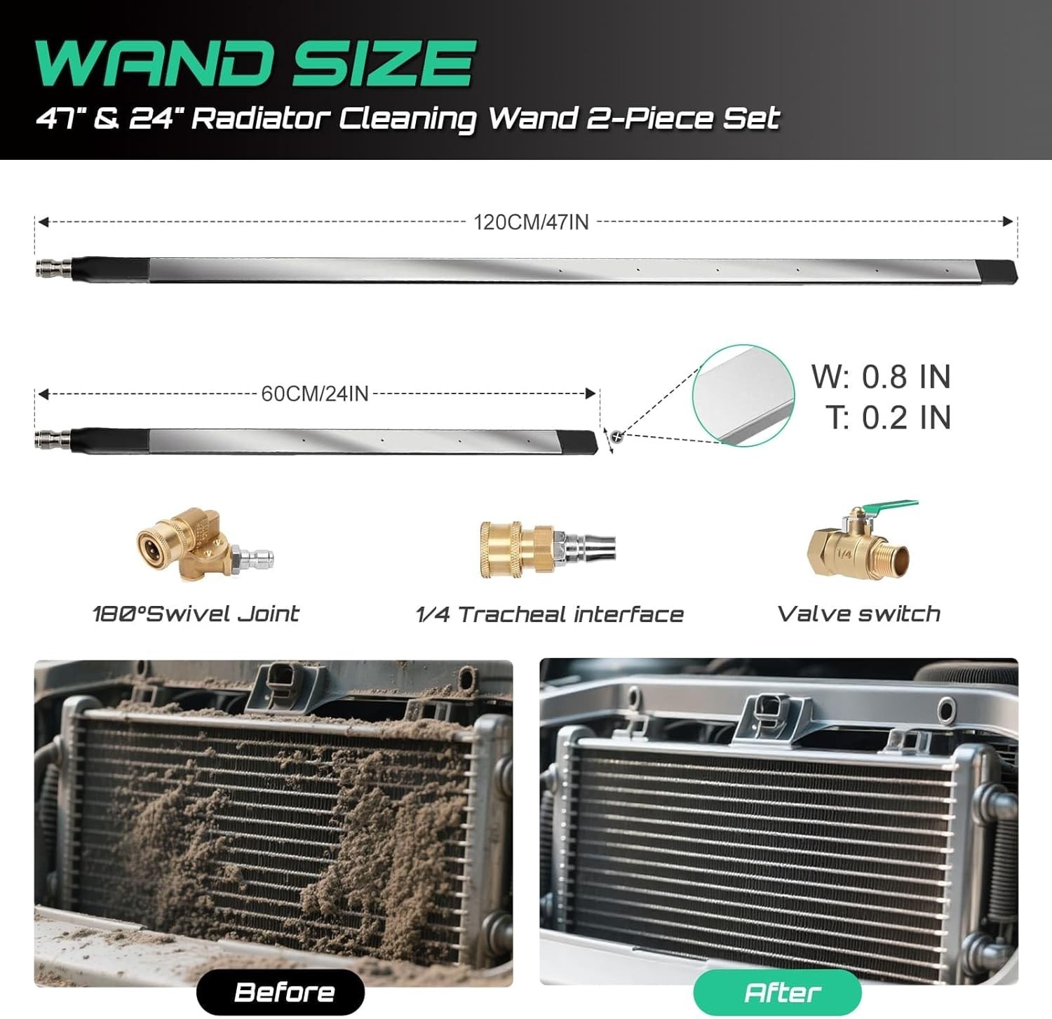 47″ & 24″ Radiator Cleaning Wand 2-Piece Set – 4500 PSI Stainless Steel Dual Wat