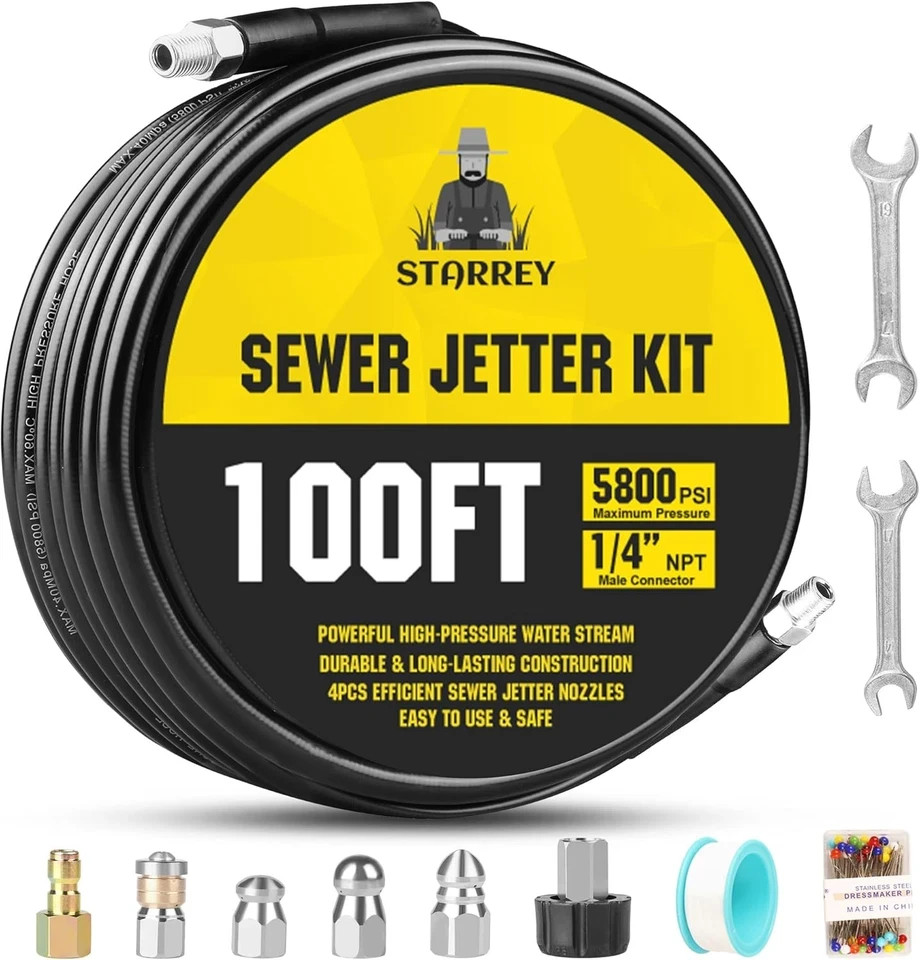 Pressure Washer Sewer Jetter Kit 100Ft 1/4 Inch NPT Hose Nozzles and Adapter