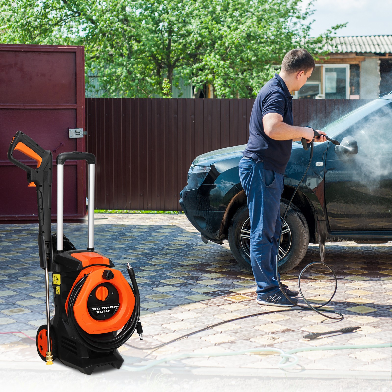 3380PSI 2 GPM High-Pressure Washer Power Cleaner Car Washing Machine with wheels