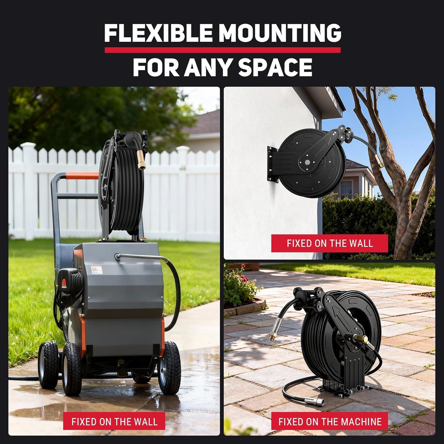 Durable 50ft Pressure Washer Hose Reel, 4000 PSI Auto Rewind Steel Design
