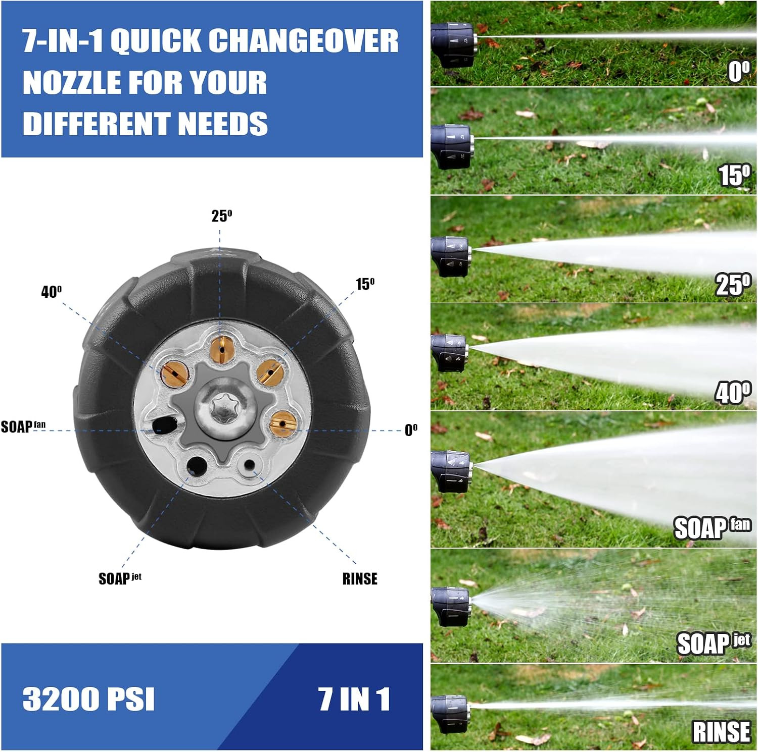 Pressure Washer Nozzle, 3200 PSI, 7-In-1 Quick Changeover Nozzle, 1/4