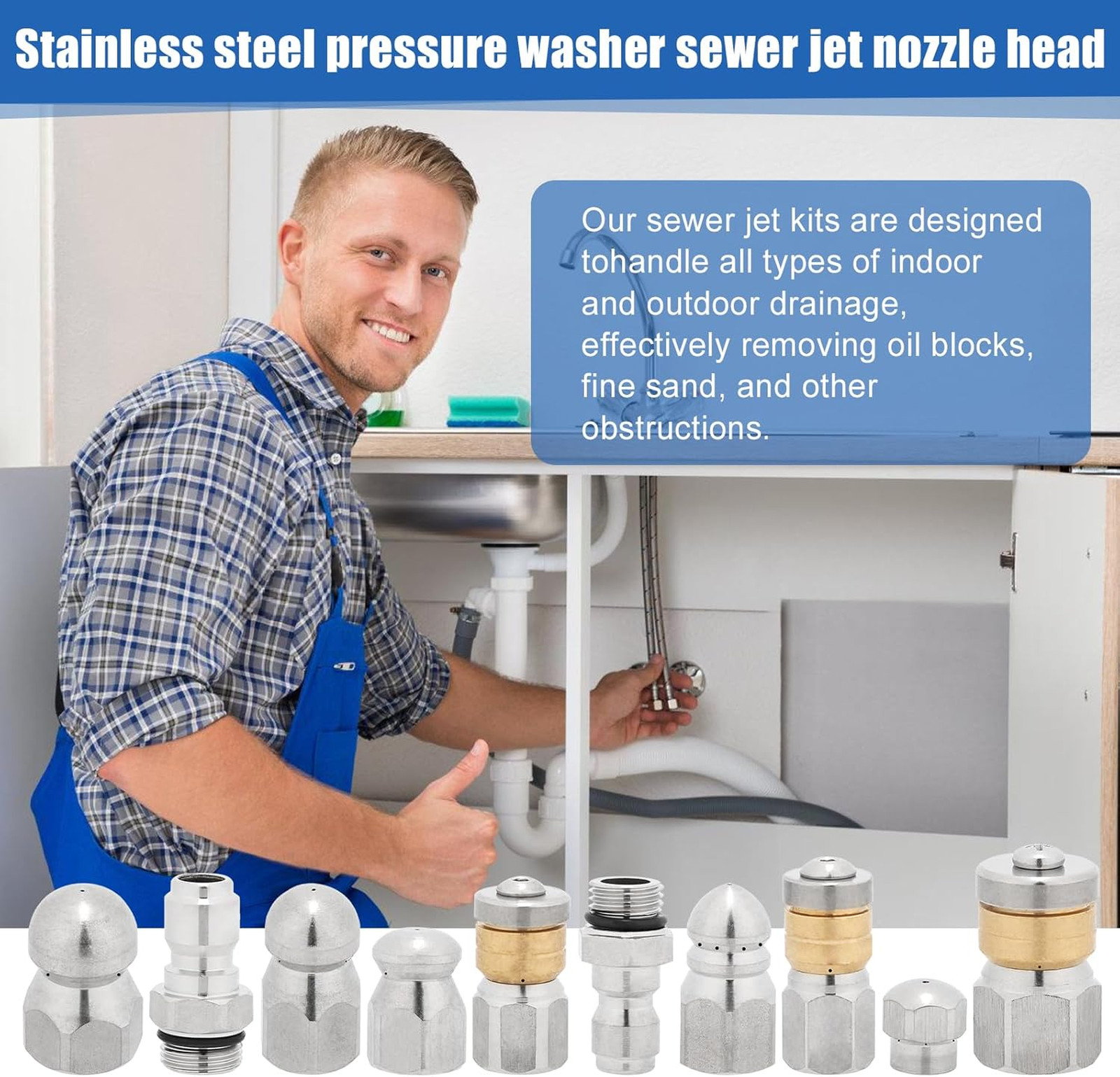 10pcs Sewer Jetter Nozzle Kit Stainless Steel, Pressure Washer Sewer Jetter