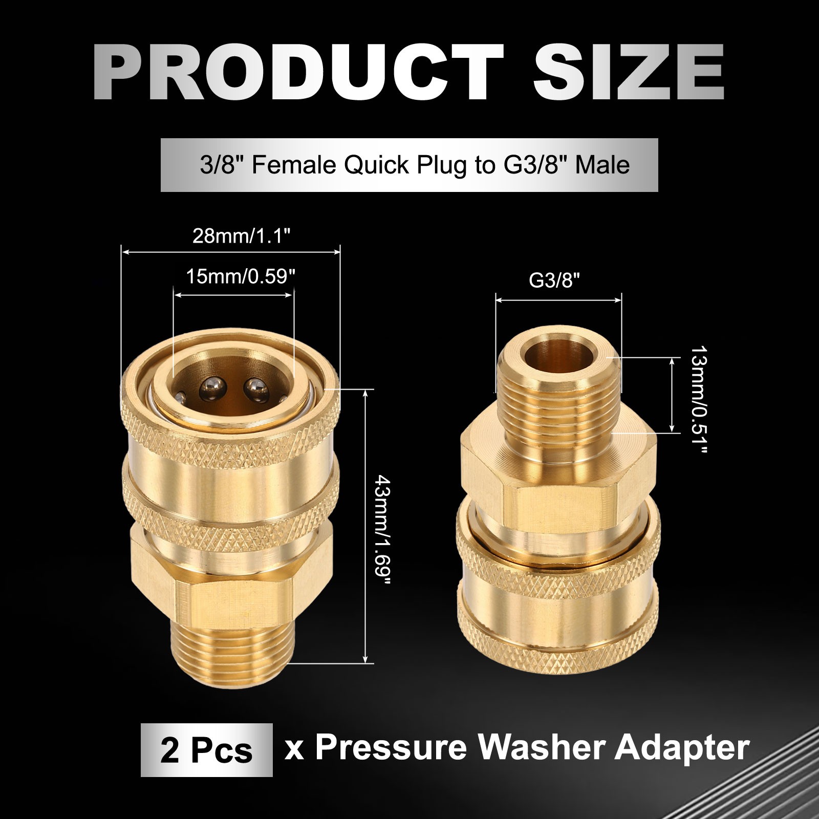 2Pcs Pressure Washer Adapter, 3/8″ Female Quick Plug to G3/8″ Male Brass Flat