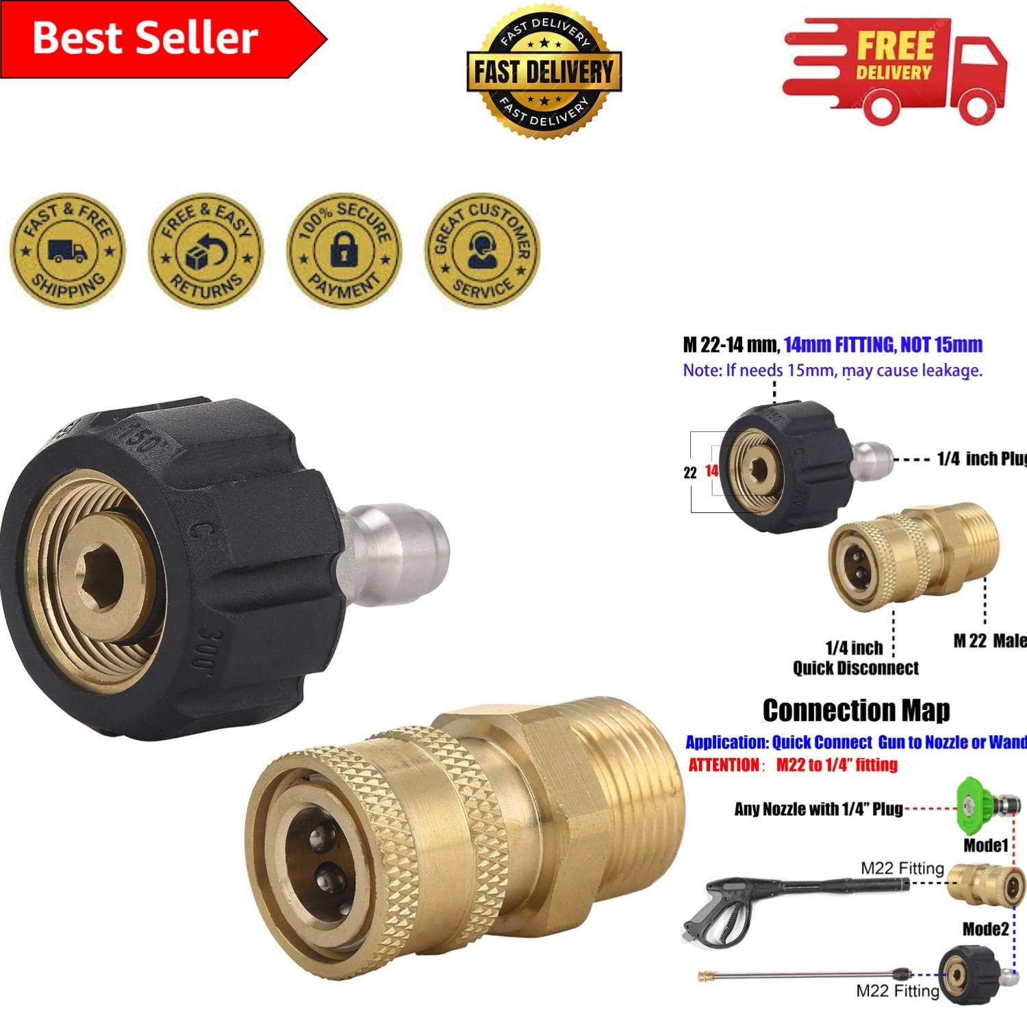 Effortless Connection: M22 14mm to 1/4 Inch Quick Connect Pressure Washer Set