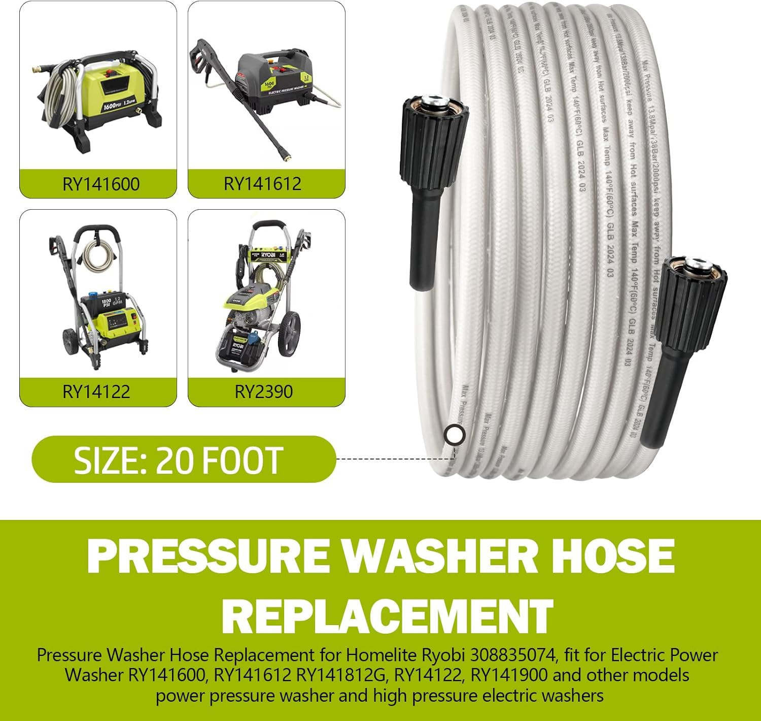 308835074 Pressure Washer Hose Replacement for Ryobi Power Washer Hose, Fit for