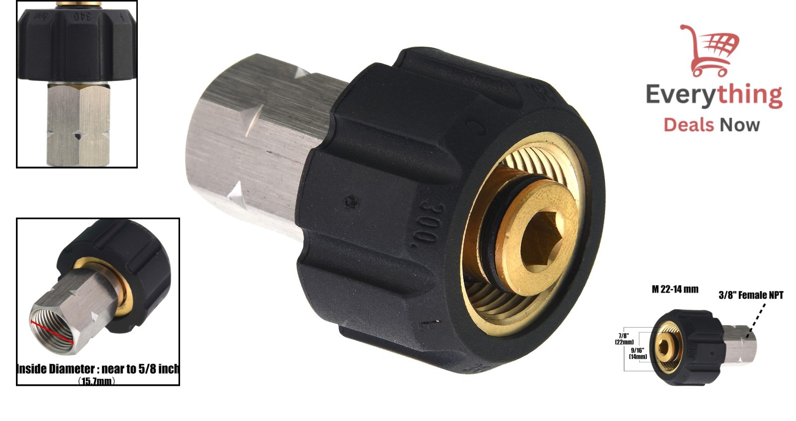 M22 Female to 3/8 Inch Female NPT Pressure Washer Adapter Fitting 4500 PSI SS