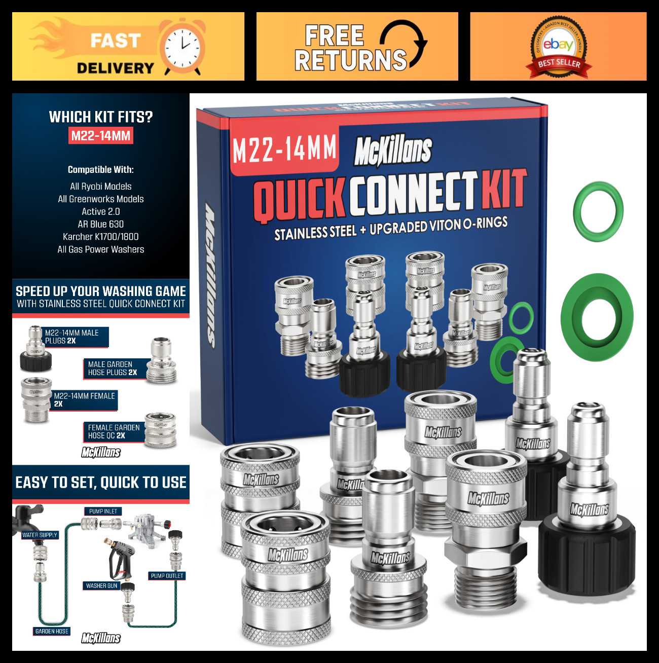 Pressure Washer Quick Connect Kit M22-14mm to 3/8″ Male Female Stainless Steel