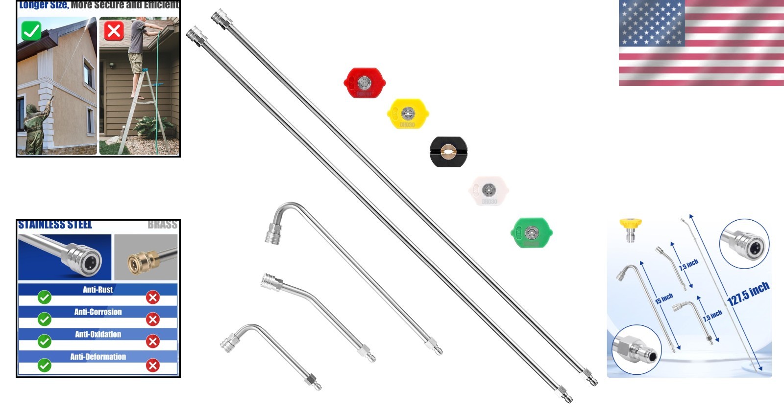 Upgrade 120″ Power Washer Lance – 5 Nozzles & Curved Rods for Ultimate Cleaning