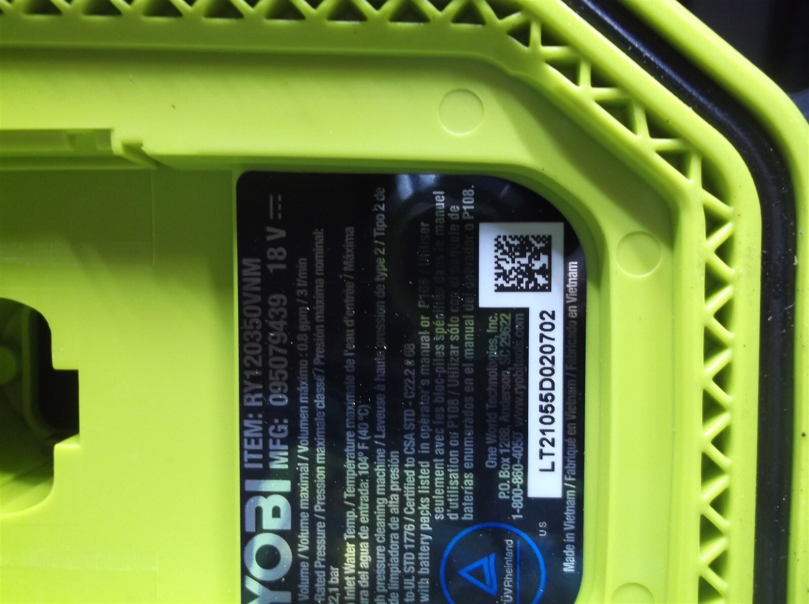 RYOBI RY120350vnm ONE+ 18-Volt 320 PSI 0.8 GPM Cold Water Cordless Power Cleaner