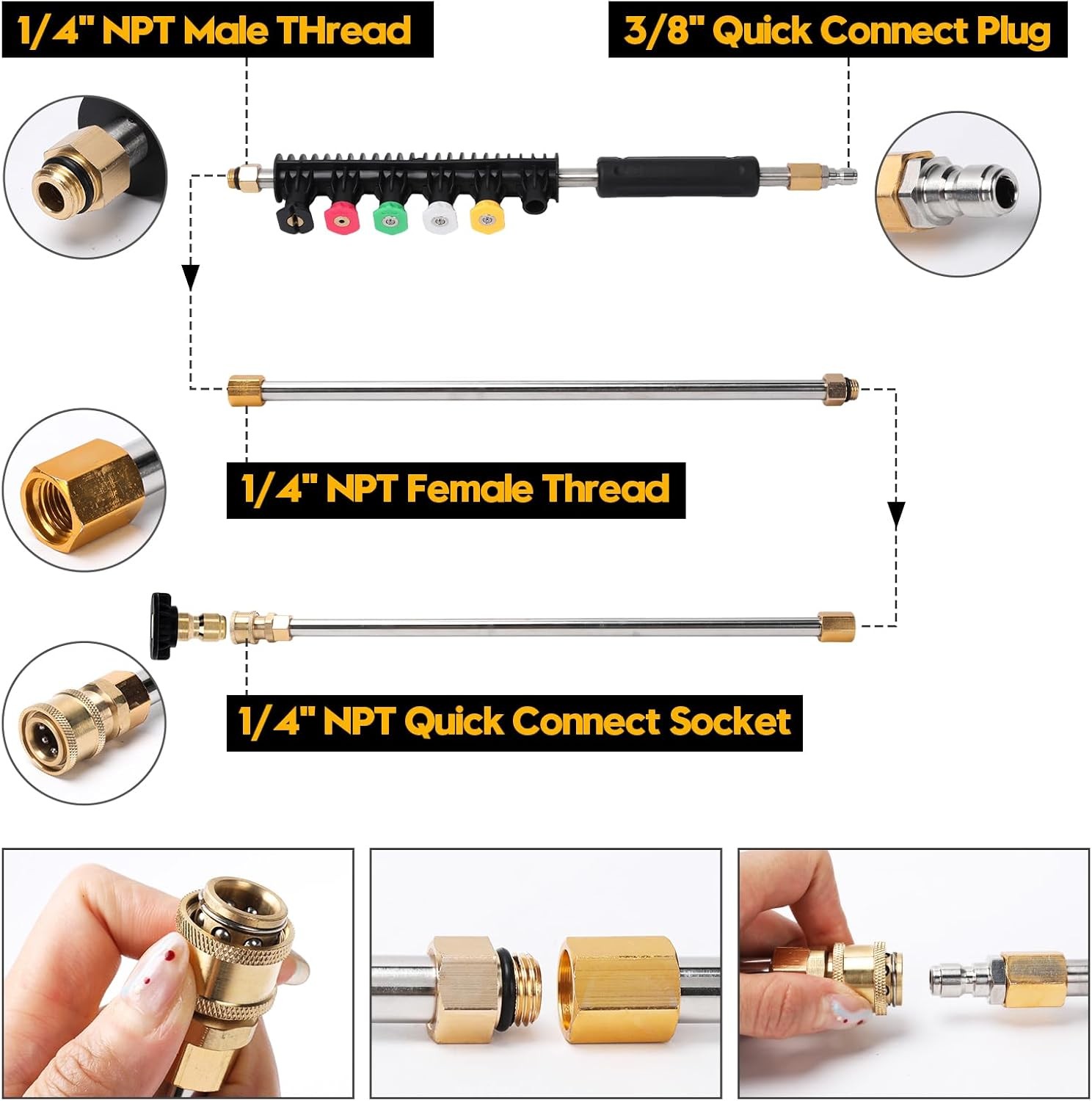 9-Pack Pressure Washer Extension Wand w/ 6 Nozzles, 30°/90°/120° Curved, 4000PSI