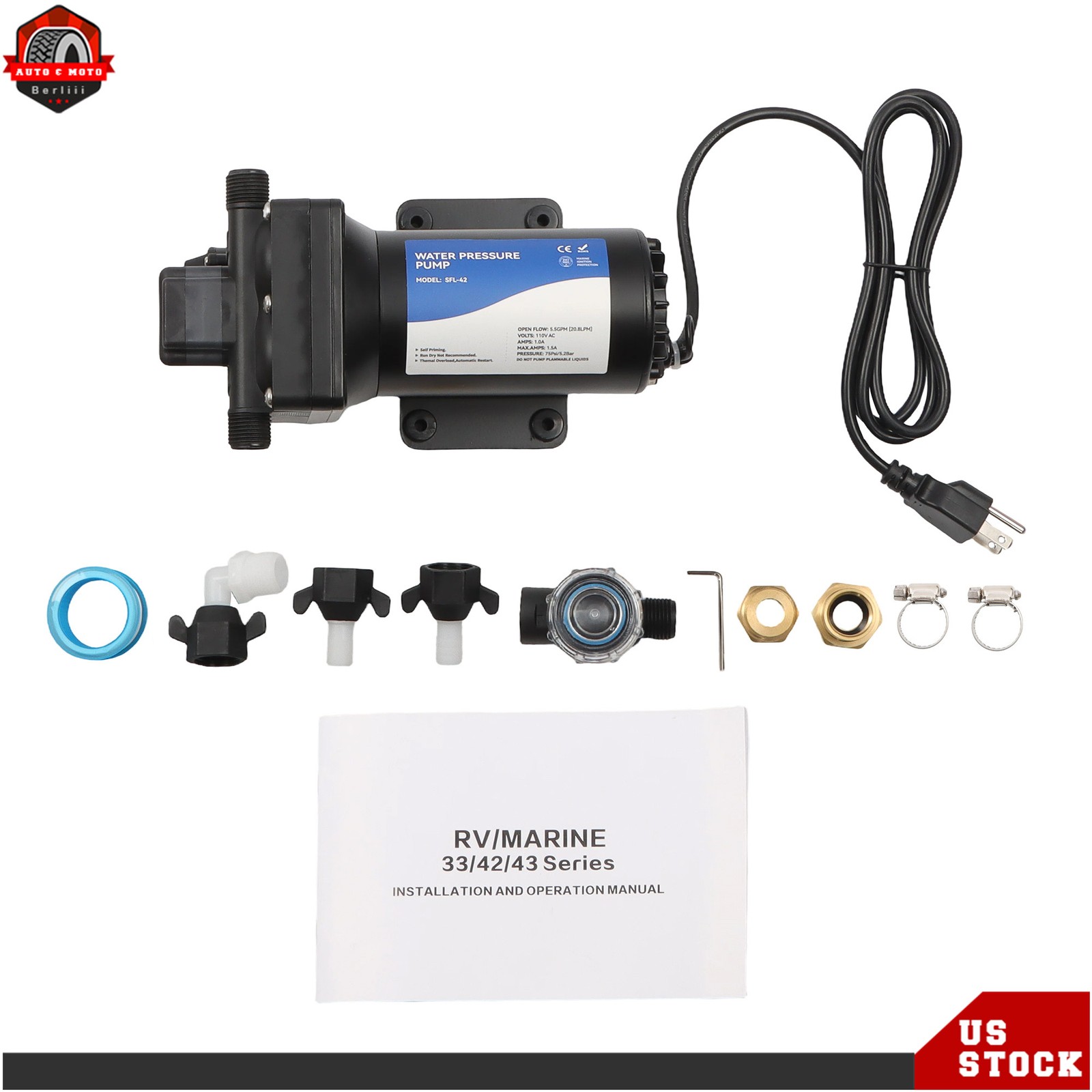 110V AC 4-chamber Water Diaphragm Pump 5.5GPM 75PSI Self Priming RV Water Pump