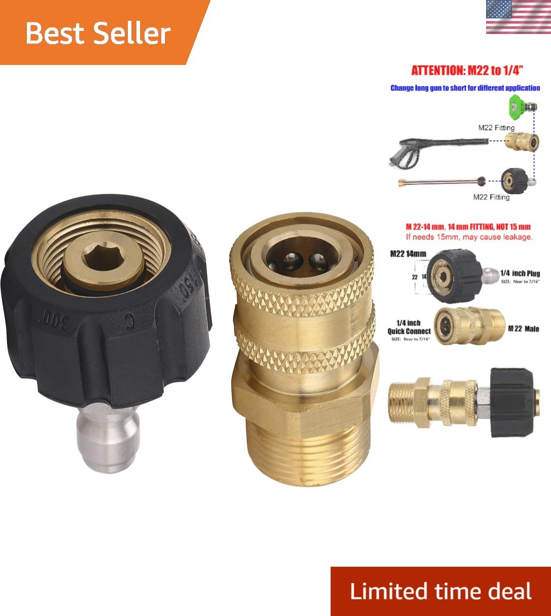 Pressure Washer Adapter Set, Gun to Wand, M22 to 1/4” Quick Connect