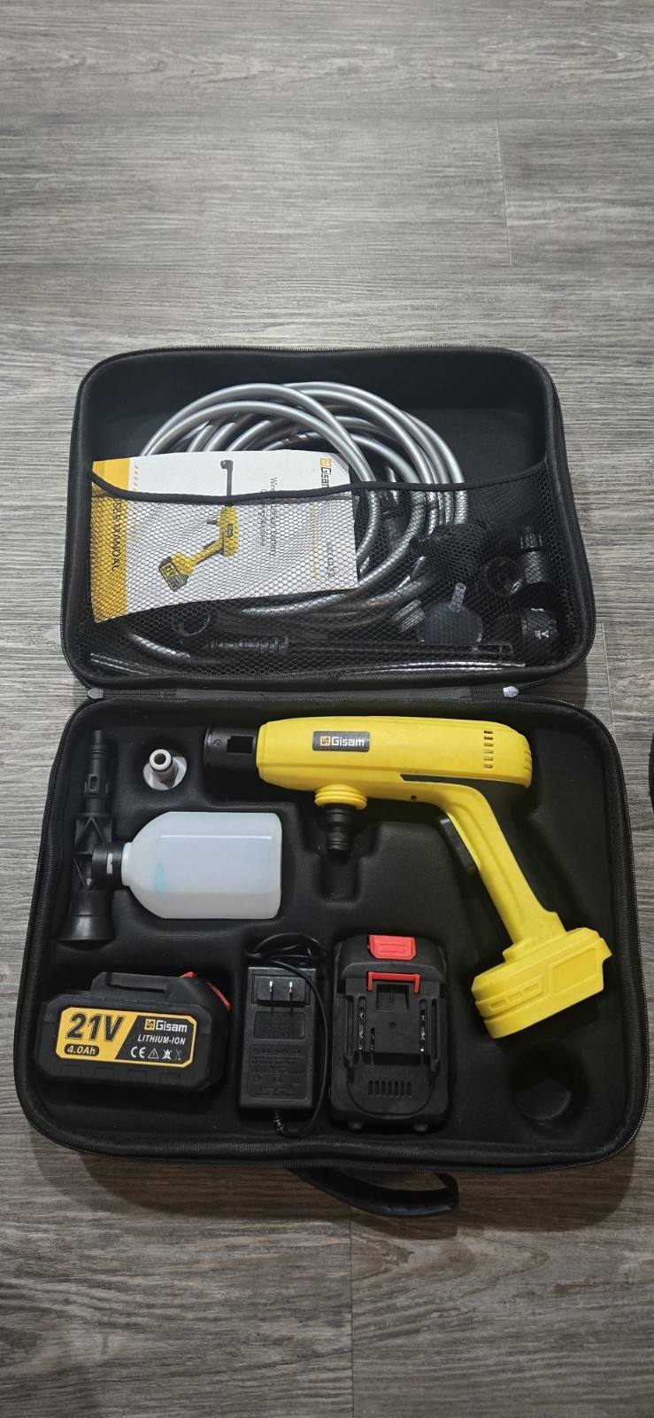 Gisam Cordless 21V Pressure Washer Kit Yellow Cold Water w/ Battery Charger Hose