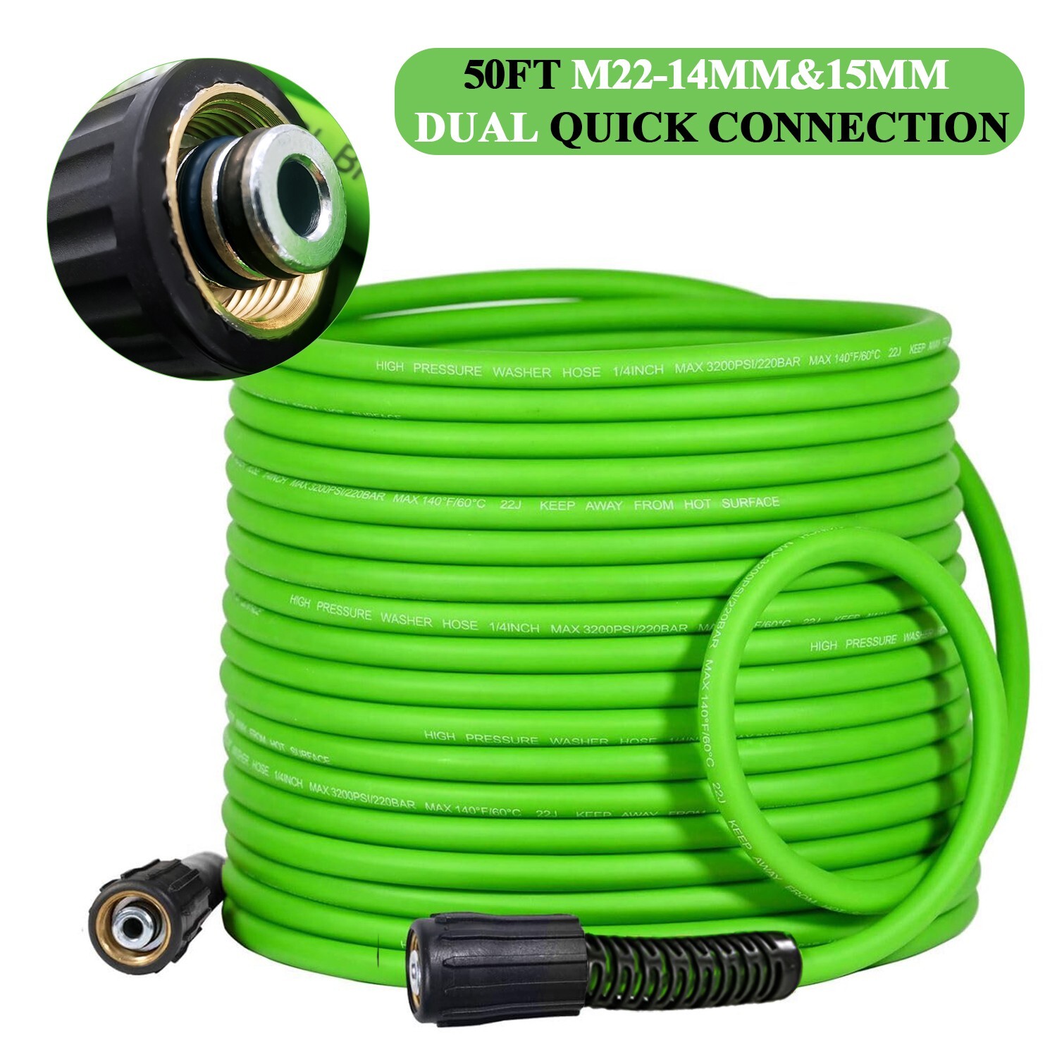 Super Flexible High Pressure Washer Hose 1/4″ M22-14mm & 15mm Female Connect 50′