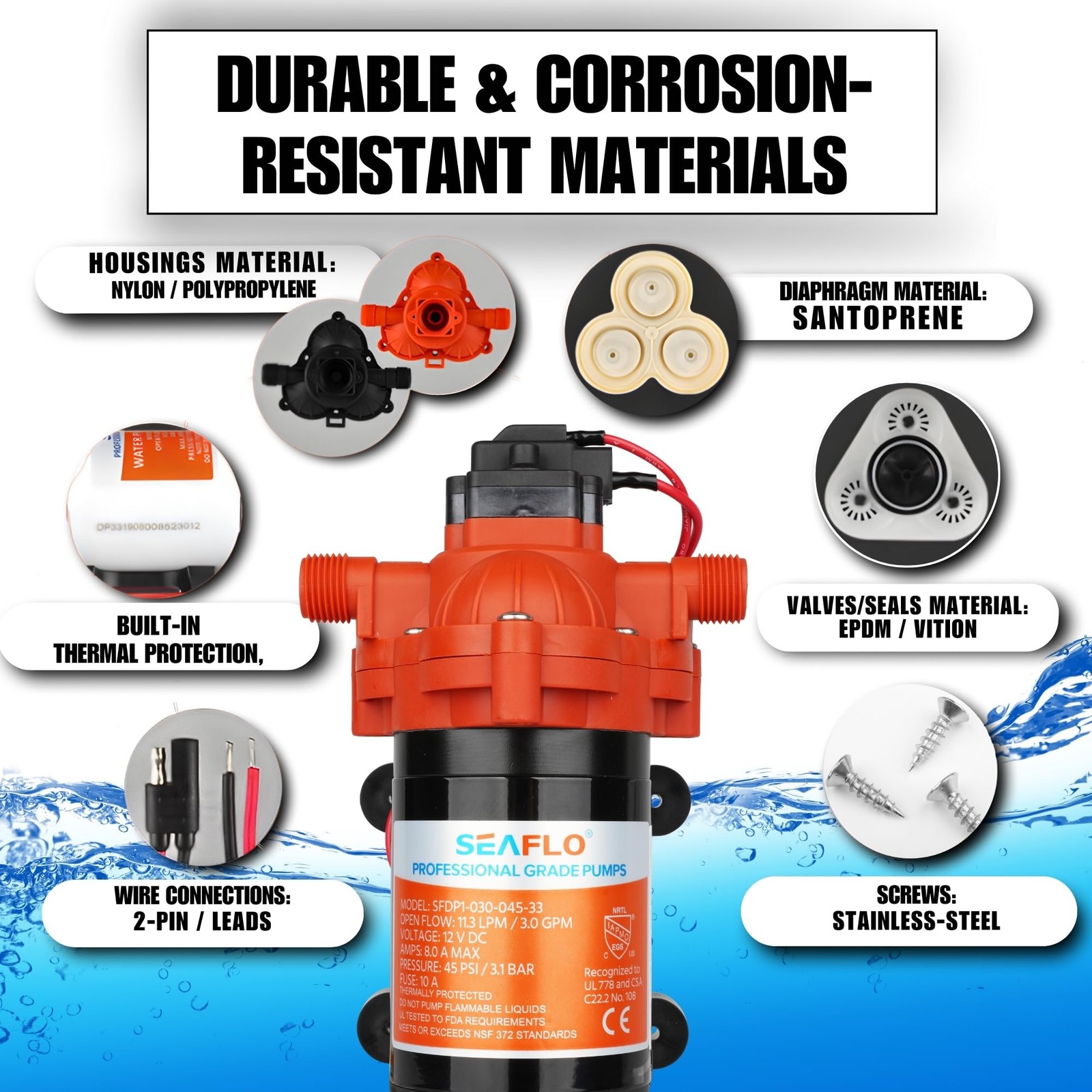 12V 3.0 GPM 45 PSI Water Diaphragm Pressure Pump – 4 Year Warranty!!!