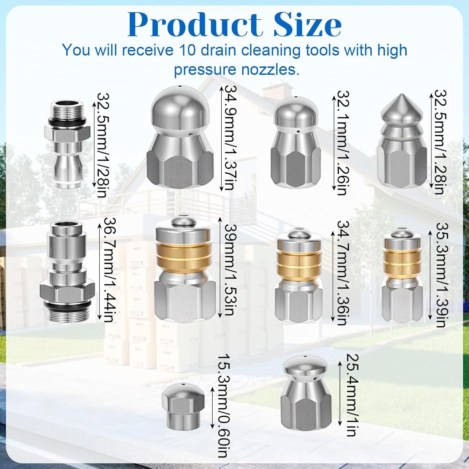 10 Pcs Sewer Jetter Nozzle Kit Stainless Steel Jetter Heads Kit Otating Button D