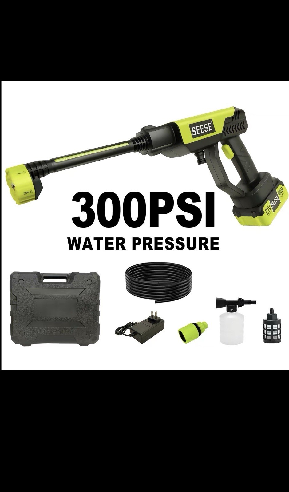 SEESE 21V Cordless Portable Pressure Washer 1000 PSI Water Gun Kit Battery