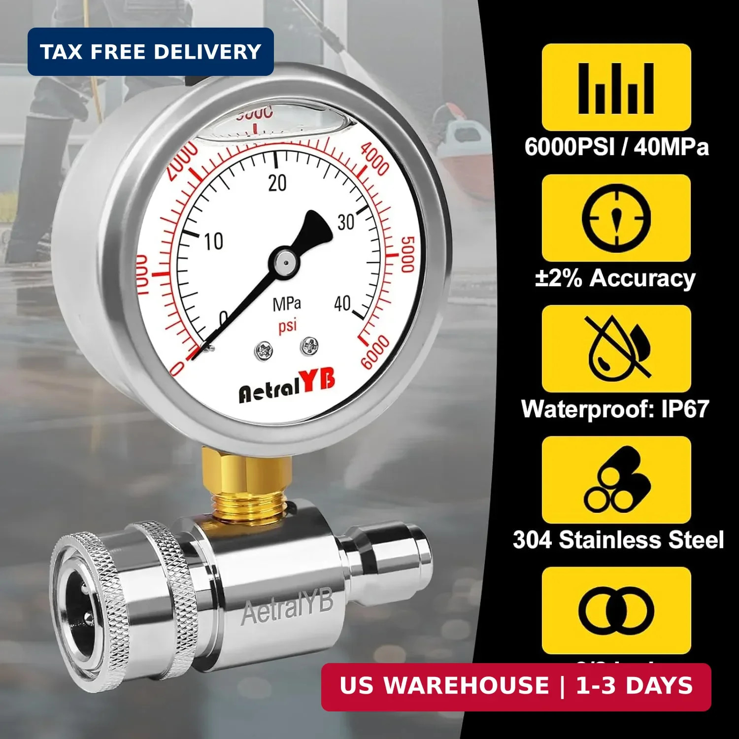 Pressure Washer Gauge with 3/8 Inch Quick Connect, Heavy-Duty Pressure Gauge for