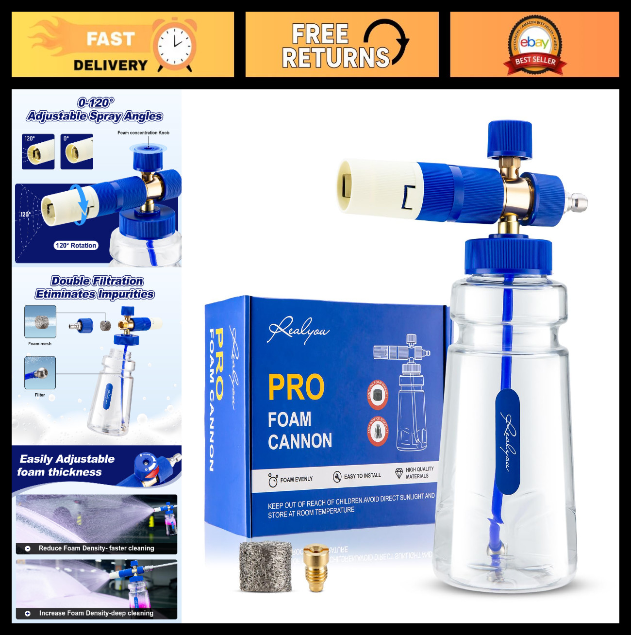 Foam Cannon for Pressure Washer – 1/4″ Quick Connector, 1.1mm Nozzle & 1L Bottle