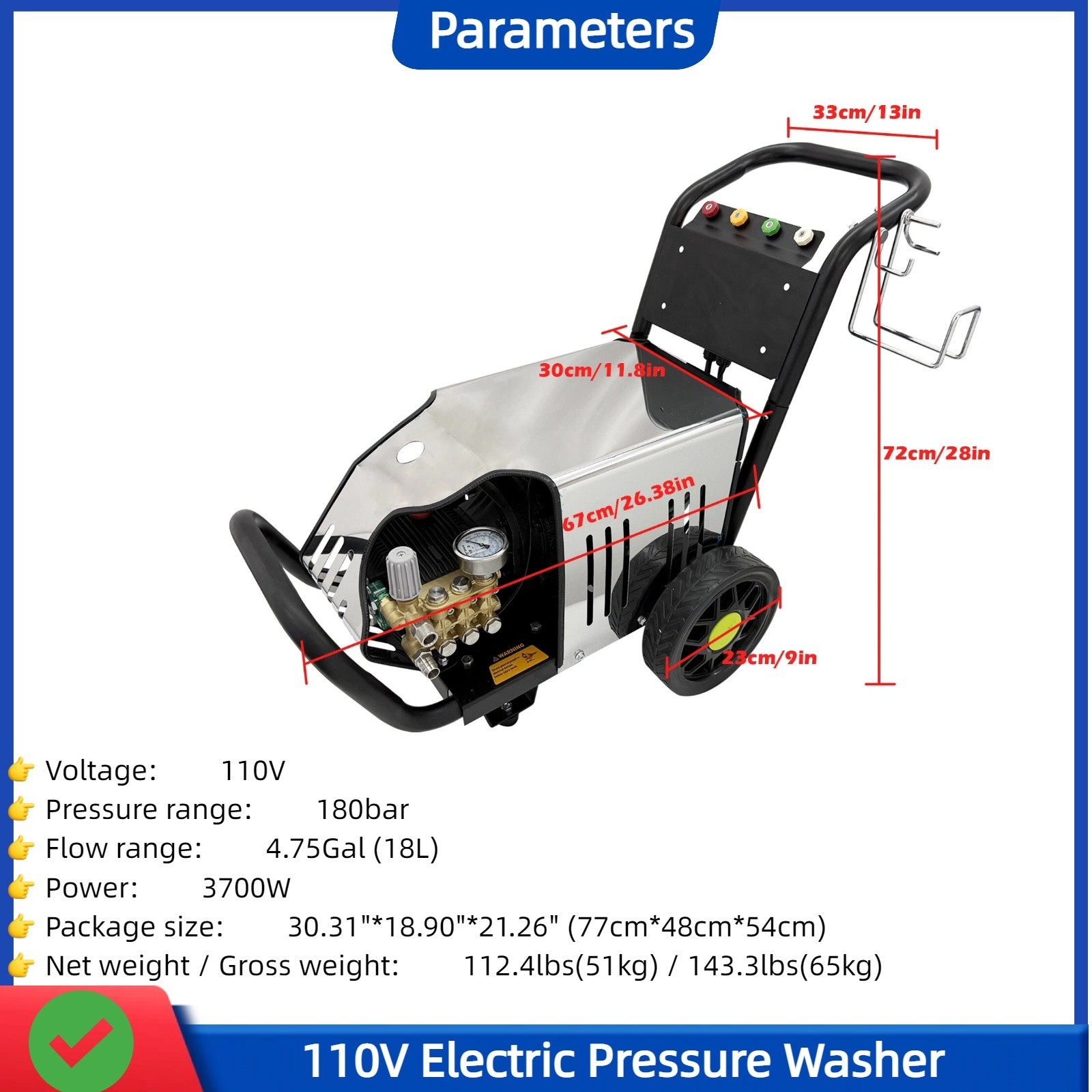 110V Electric Pressure Washer 18L 180bar High Pressure Floor Cleaner Car Washer