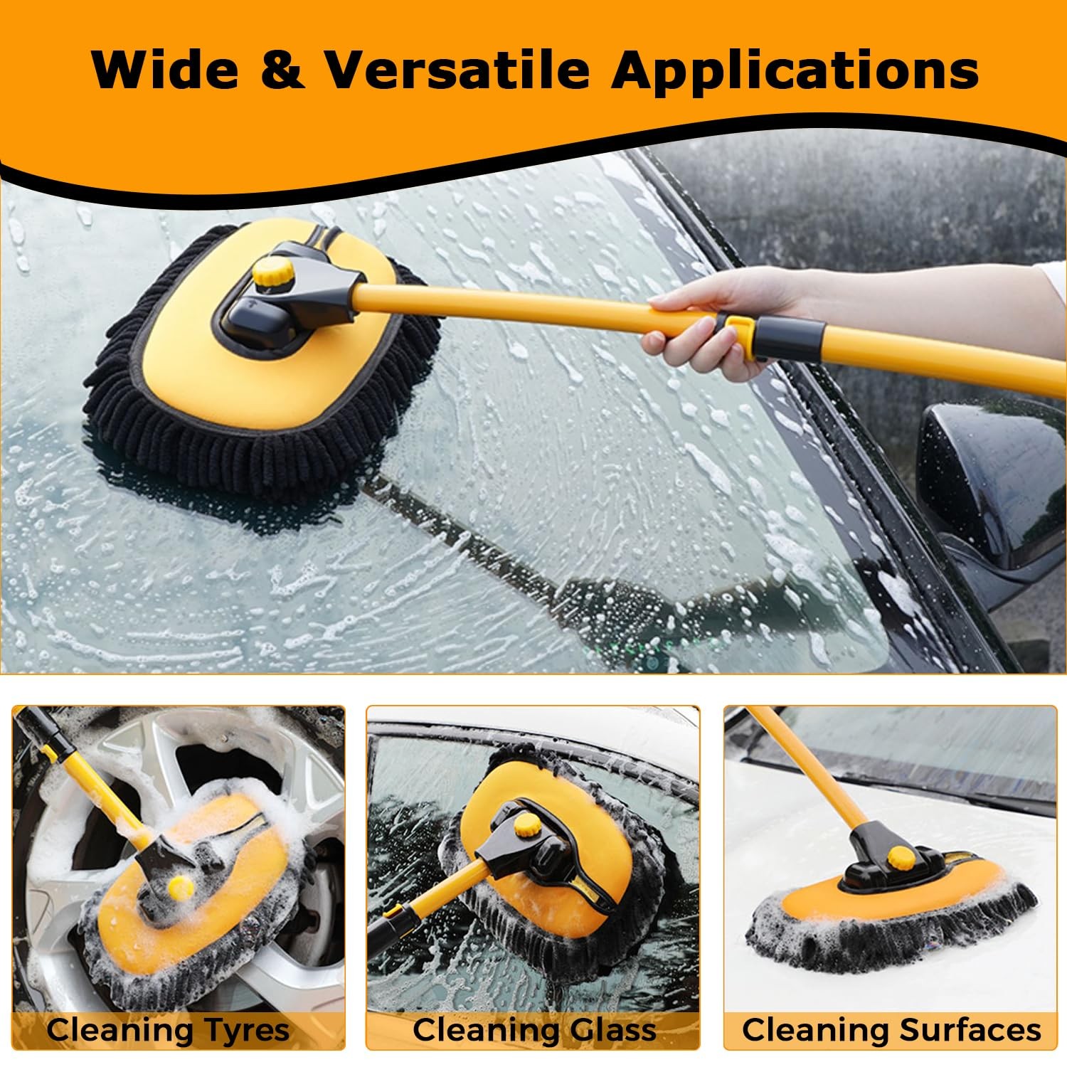 WillingHeart 15° Curved Car Wash Brush with Long Handle 43″ Large, Yellow