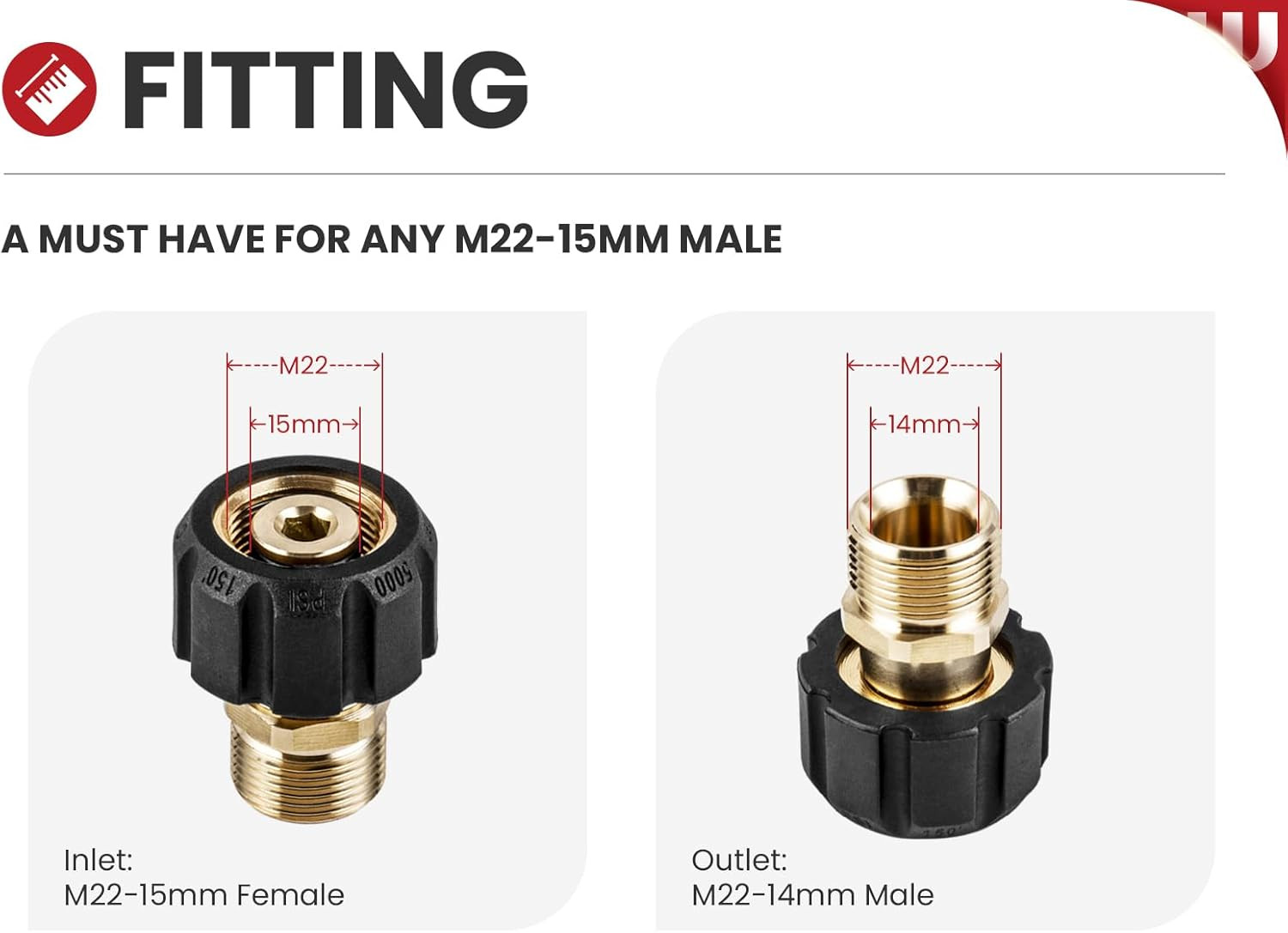 WOJET Pressure Washer Adapter, M22 15Mm Female Thread to M22 14Mm Male Fitting,