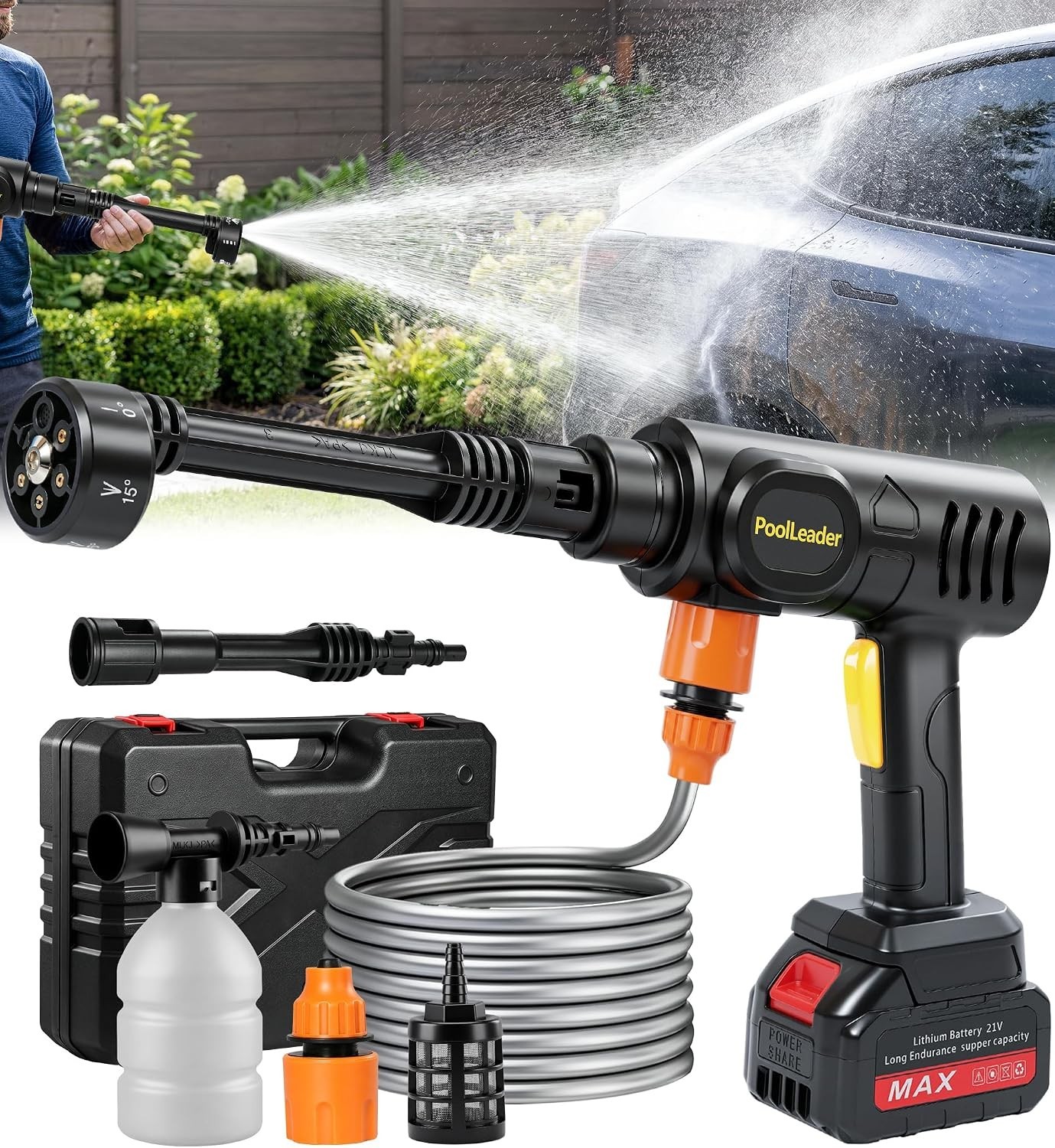Cordless Car Cleaning Tool – 6-in-1 Nozzle & Foam Cannon for Portable Wash