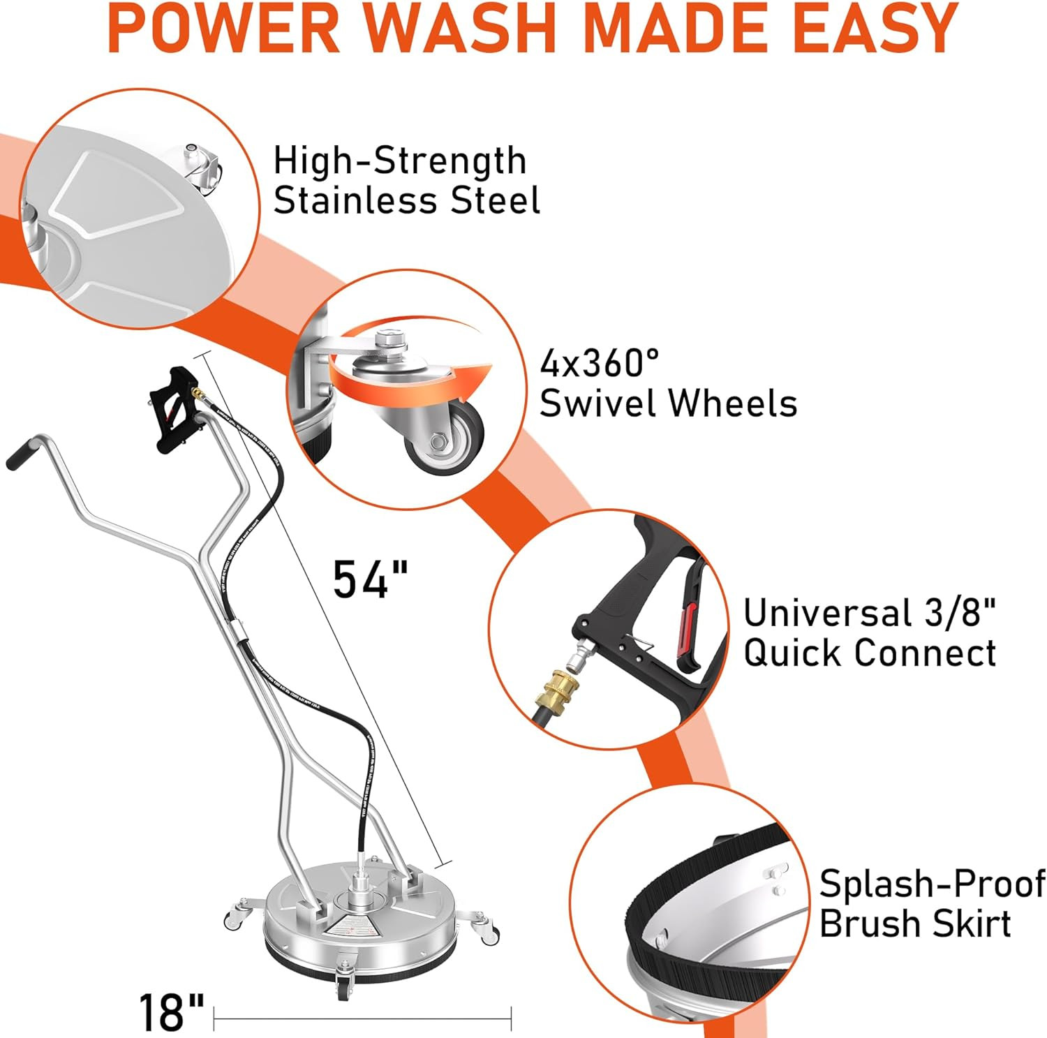 18″ Dual Handle Pressure Washer Surface Cleaner with 4 Wheels, 4000 PSI Max Stai