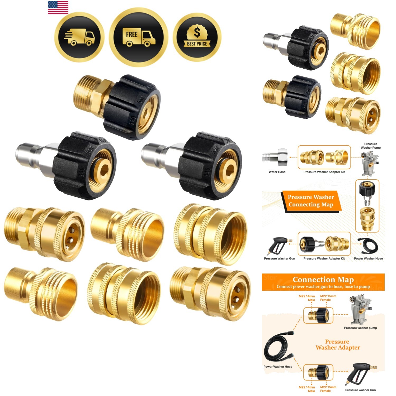 Pressure Washer Adapter Set 9 Pack Brass Quick Connect Swivel Fittings