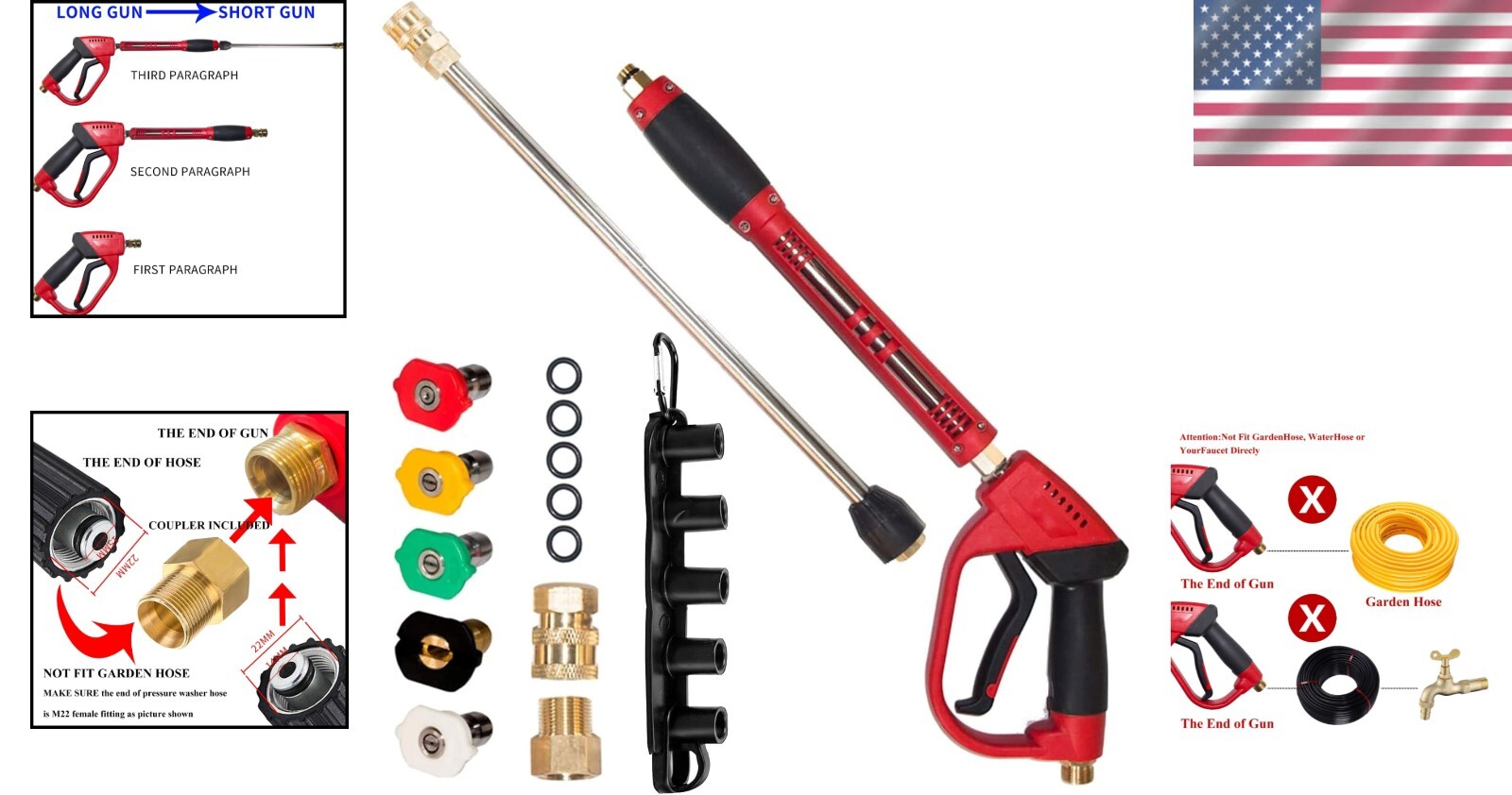 5000 PSI Brass Pressure Washer Gun Set: 40 Inch Wand & 5 Interchangeable Nozzles